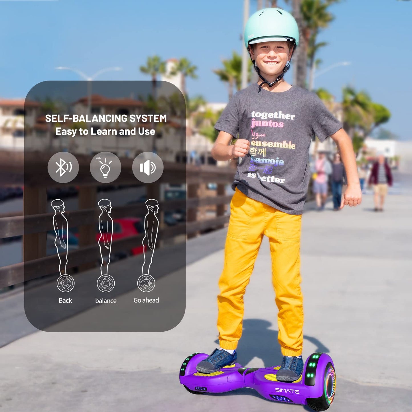 SIMATE 6.5" Self Balancing Scooter - Purple Yellow, Dual 250W Motors, LED Wheels, Bluetooth, P6 Model, 8.5 mph Max Speed, 8.