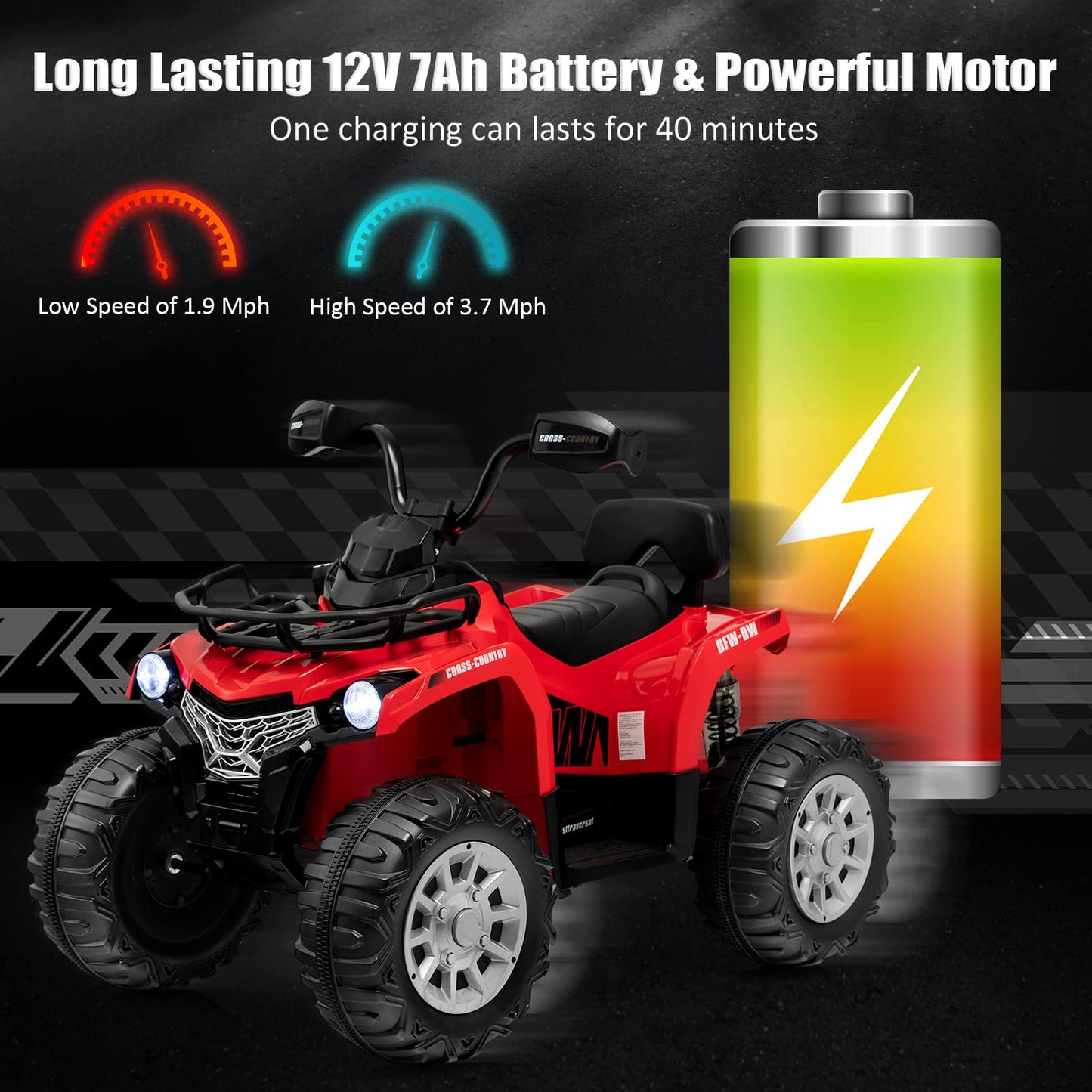 Costzon Kids Atv, 12V Four Wheeler Quad Electric Vehicle W/Forward/Backward Function, 2 Speeds, Music, Headlights, Storage Basket & Backrest, Toddler 4 Wheeler Toy Car For Boys Girls 3+ (Red)