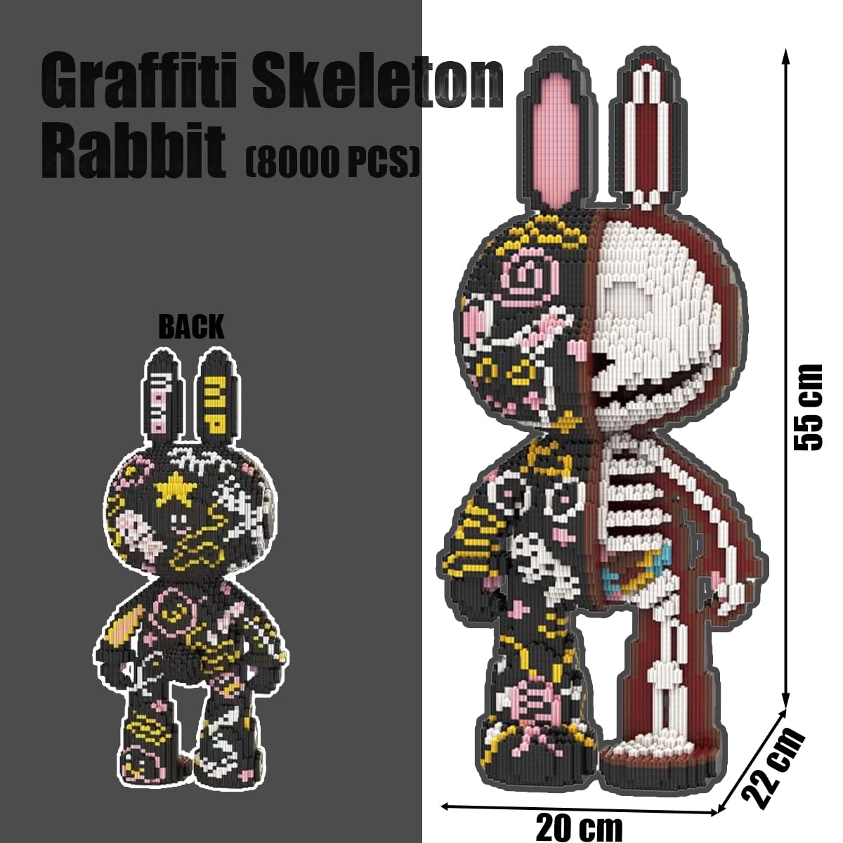 HONLANCH Micro Building Blocks Set - Animal Graffiti Skeleton Rabbit, 8000PCS, 21.6 inches, Plastic, Model MP8003, Gift for All Ages