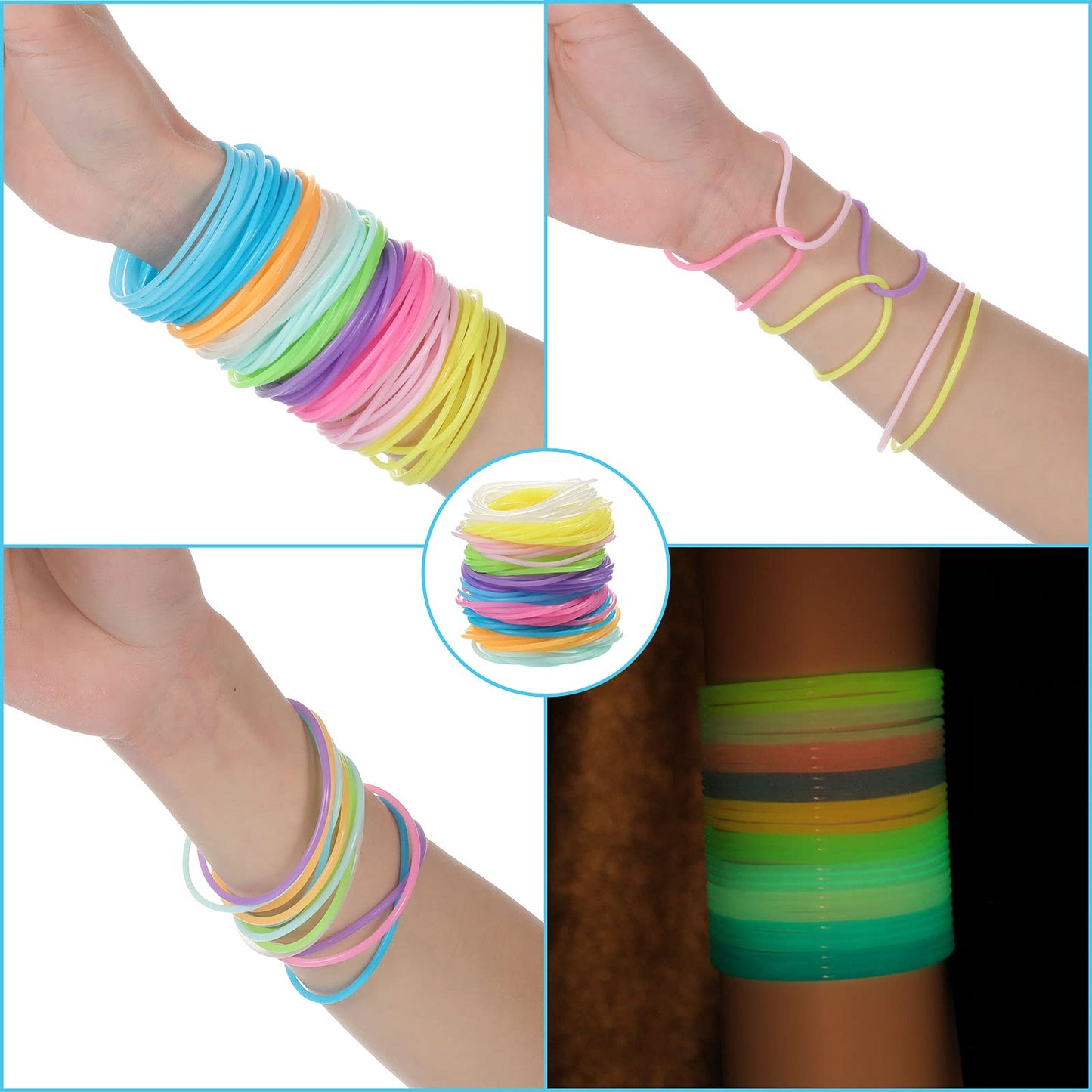 100 Pieces Silicone Jelly Bracelets Luminescent 80s 90s Hair Ties Accessories Multicolor Rainbow Wristband Operation Christmas P