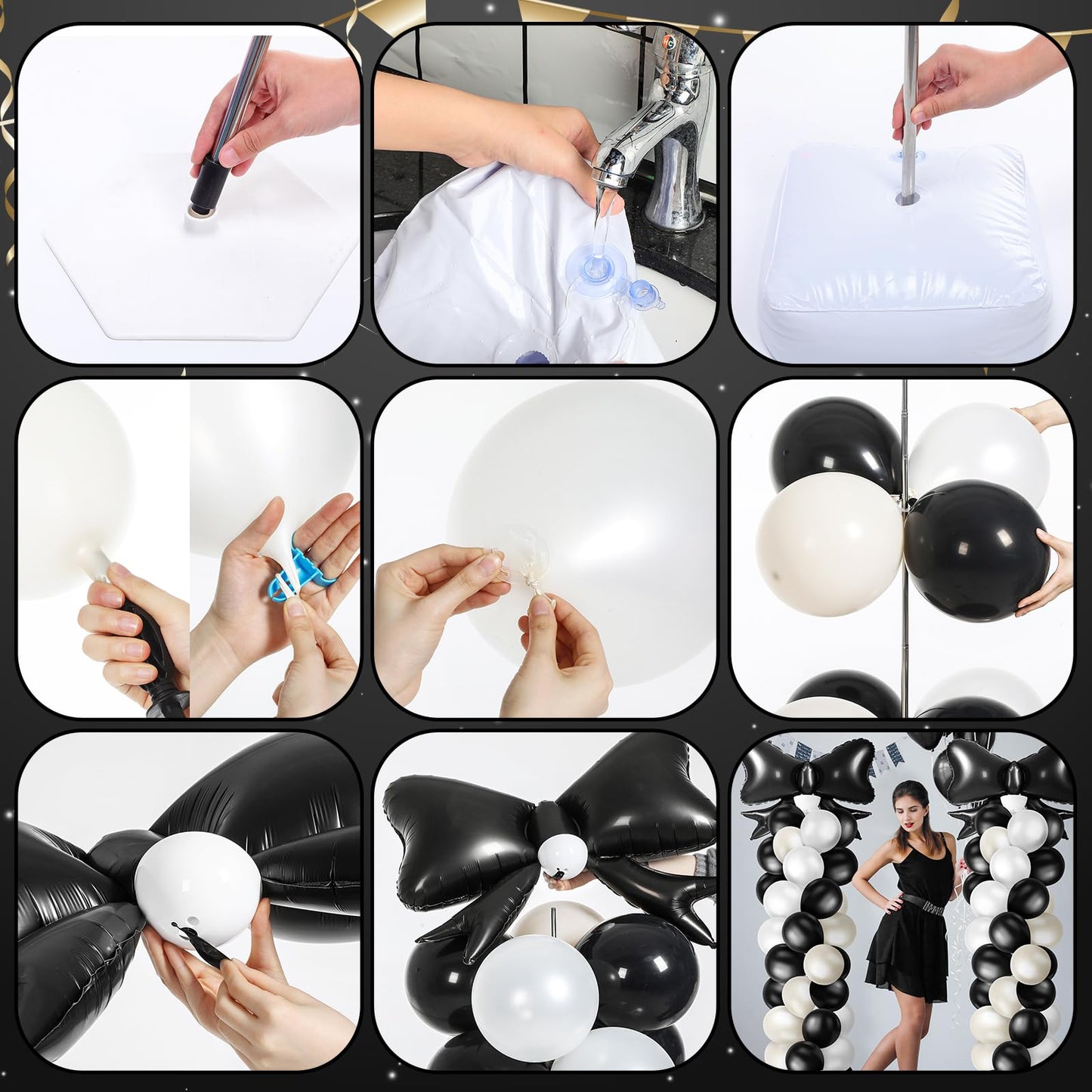 Kasyat Black Bow Balloon Column Stand Kit - 2 Adjustable Stands, 100 Latex Balloons, Black Bow Foil Balloons, Perfect for Parties
