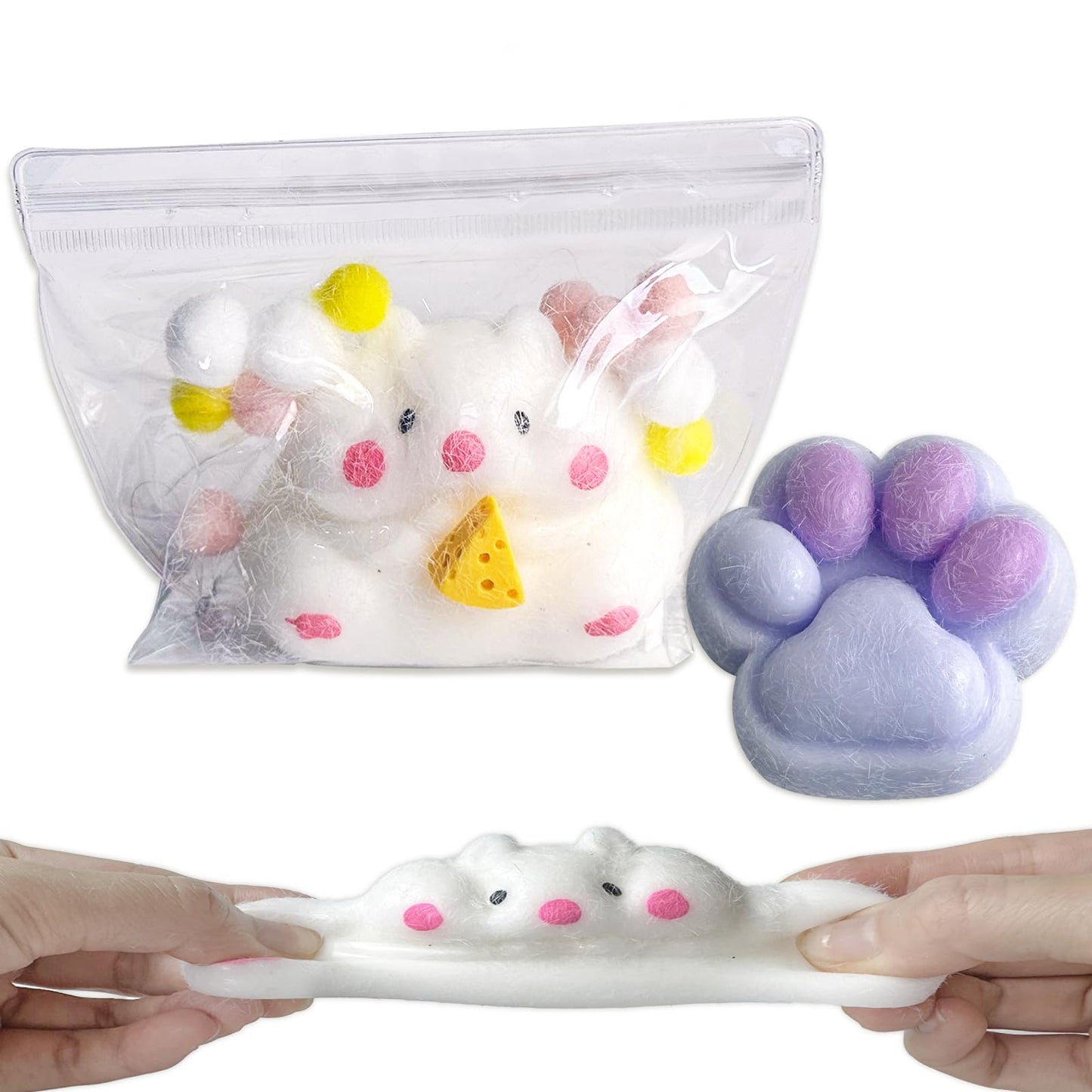 2Set Squishies Hamster & Fuzzy Cat Paw Squishies, Pinch Squishies For Adults Relieve Stress