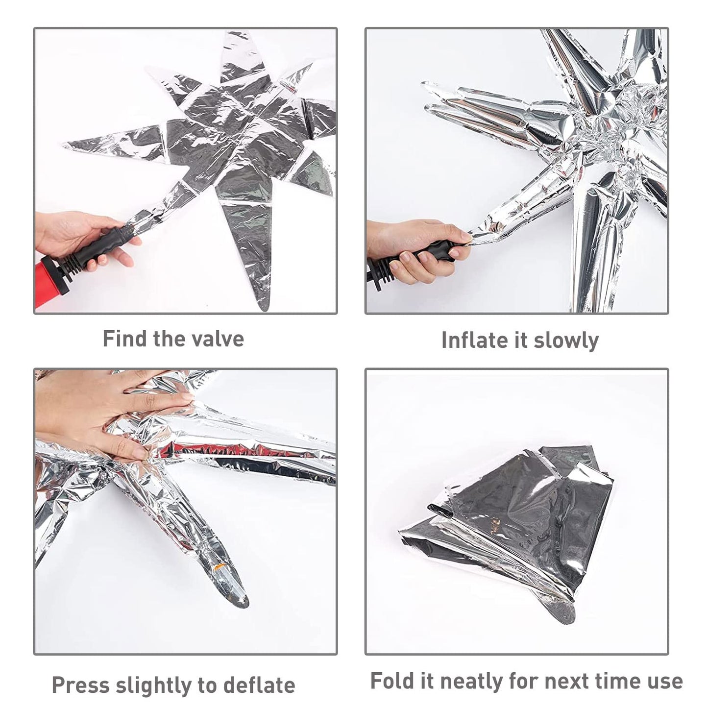 6 Pcs Silver Star Foil Balloons One-Piece 14-Pointed Star Balloons 4D Starburst Cone Mylar Balloons 22Inch Christmas Birthday We