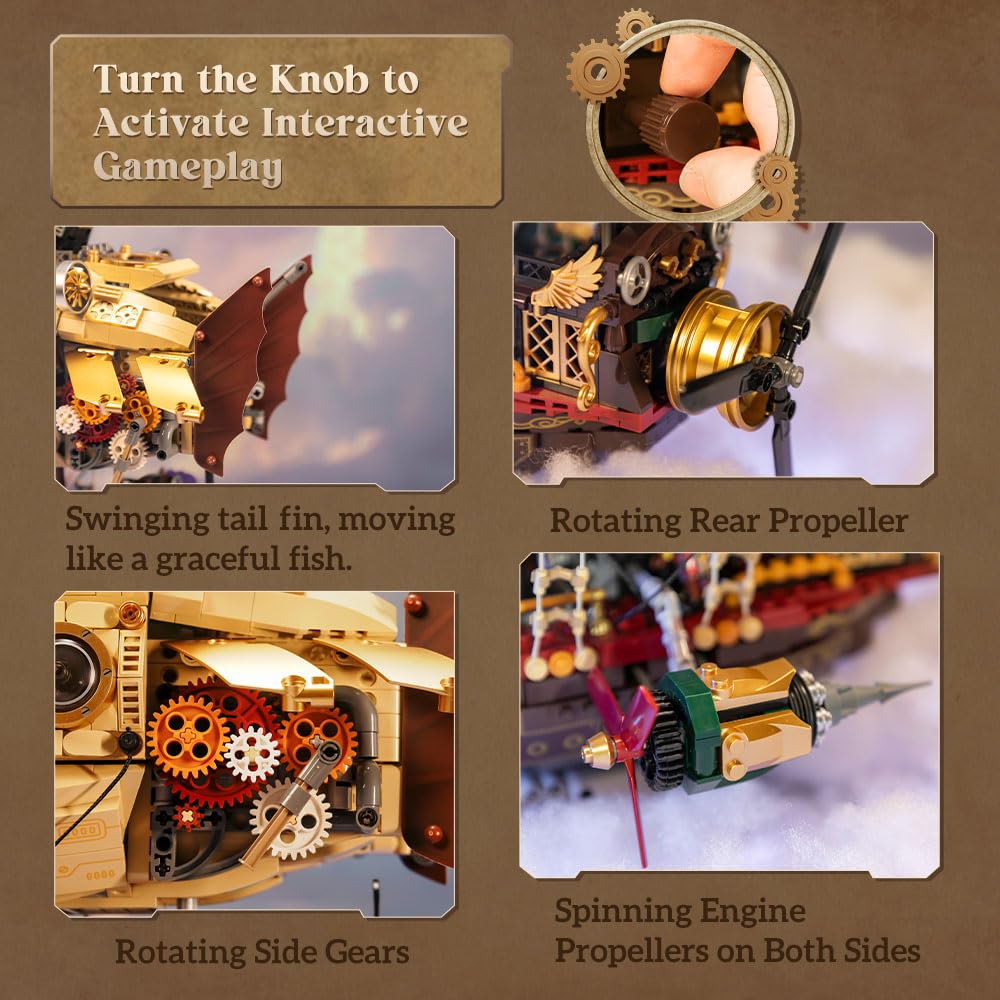 PANTASY Steampunk Airship Model Kit, Large Dual-Layer Zeppelin, Gear-Driven Mechanical System, DIY Retro Sci-Fi Toy, Model 85021EN