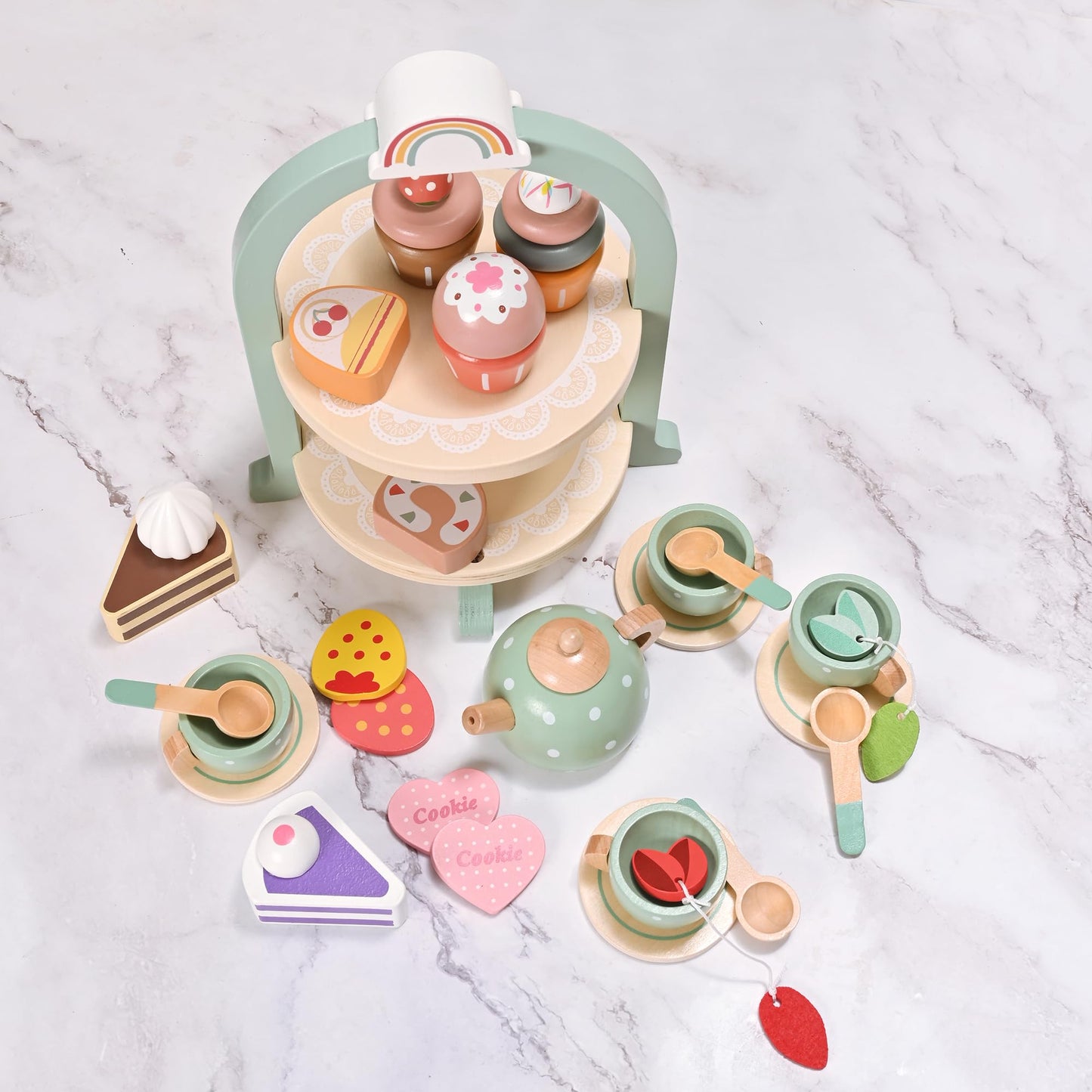 MONT PLEASANT 27pcs Wooden Tea Set for Little Girls, Toddler Tea Set Wooden Toys Play Kitchen Accessories with Cupcake Stand, Ki