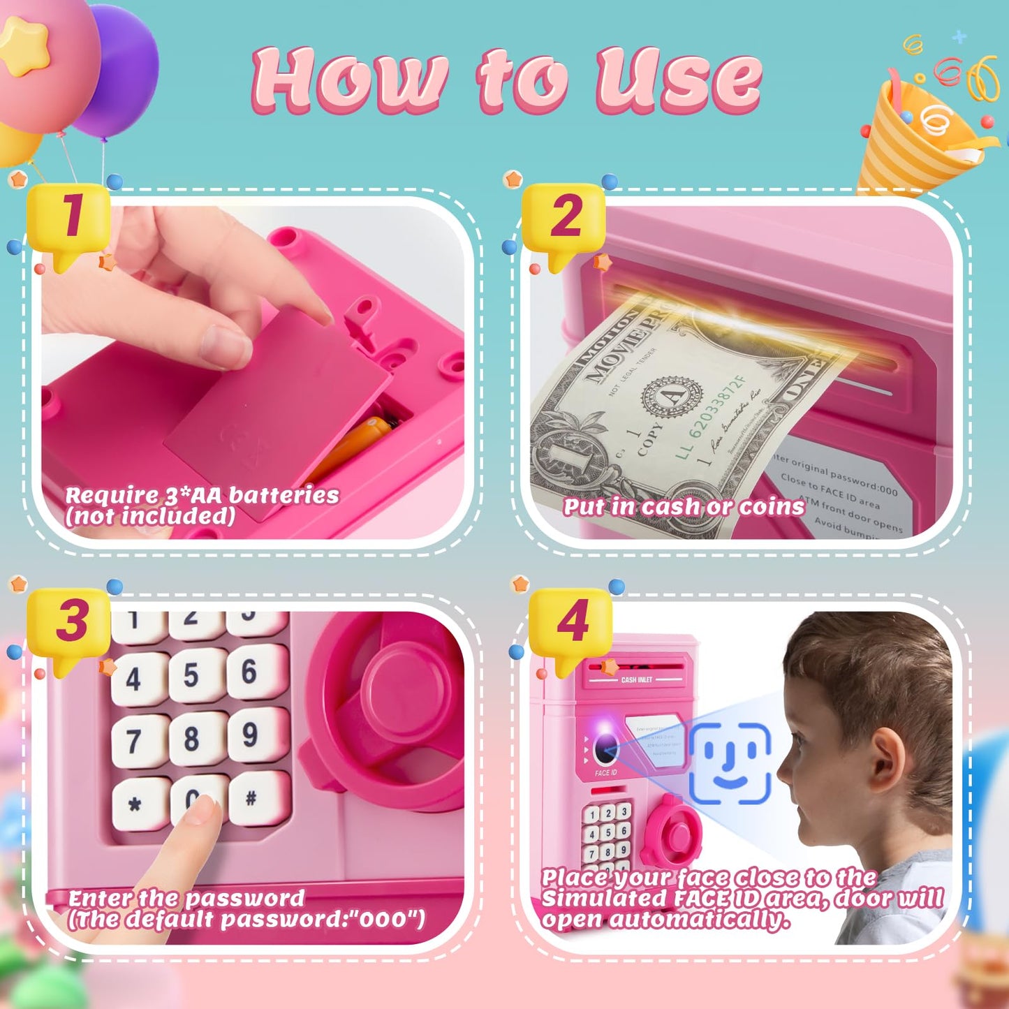 Electronic Piggy Bank For Kids Safe 2024, Pink Money Savings Bank With Password & Face Id Simulation, Mini Atm Safe Coin Bank Wi