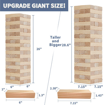 Megwoz Giant Tumble Tower Game - 60 Blocks New Zealand Pine Wooden Stacking Blocks for Kids & mature-themeds  Over 5FT Tall Indoor/Outdoor Family Games  Birthday Party Games Unique Gifts for for All Ages