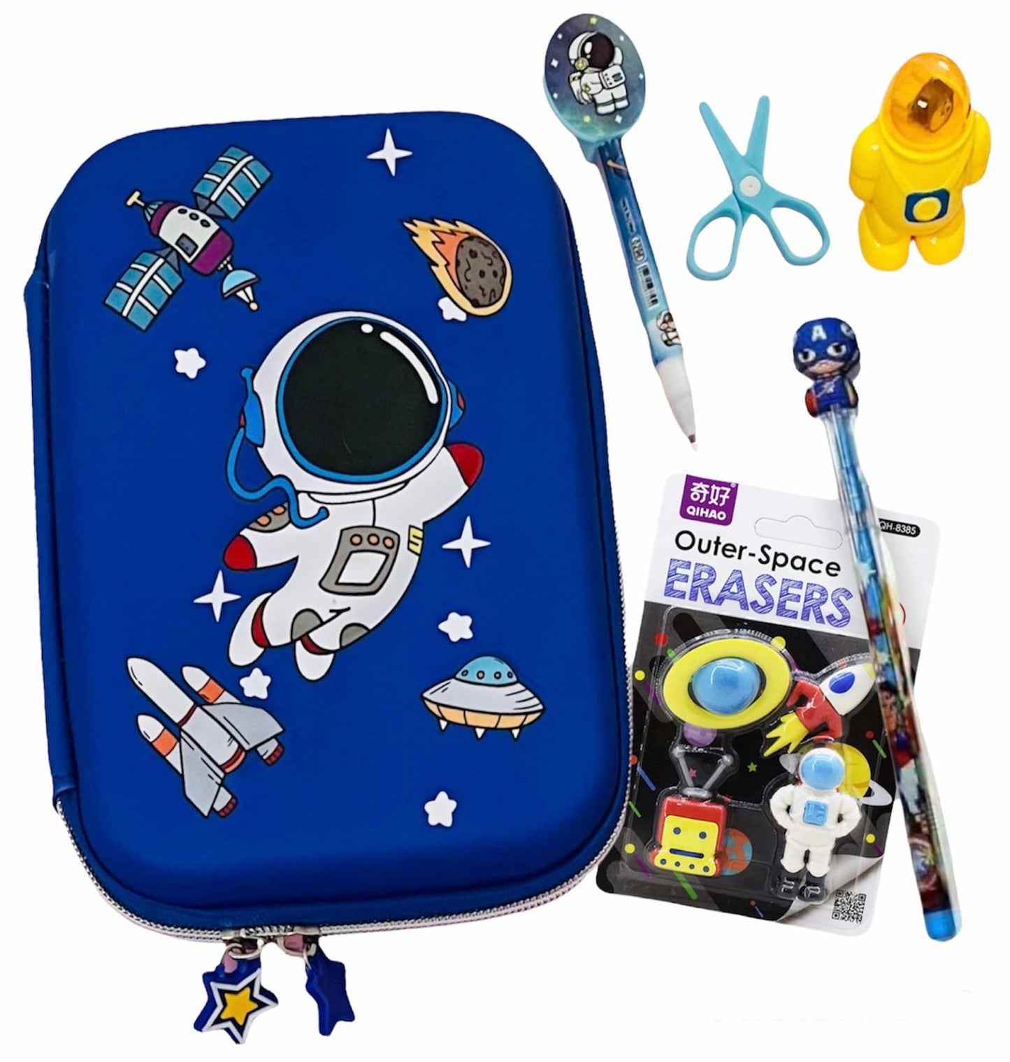 Le Delite Space Hardtop Eva Big Pouch Case Organizer Box Combo With School Stationery Supplies Outer Space Eraser Set With Astro