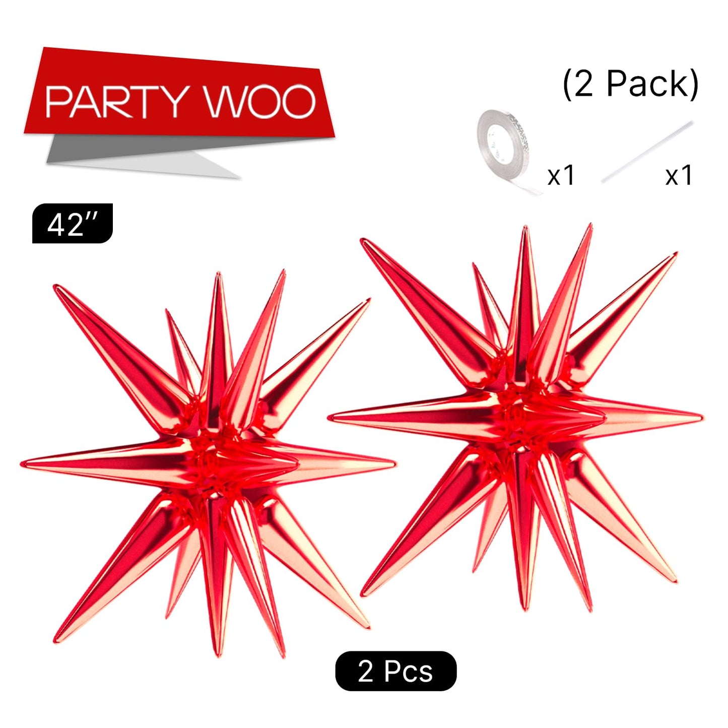 Partywoo Red Star Balloons, 2 Pcs 42 Inch Large 14-Pointed Starburst Balloons, One-Piece Star Explosion Balloons With Ribbon, Point Star Foil Balloons, Mylar Balloons For Birthday Party Decorations