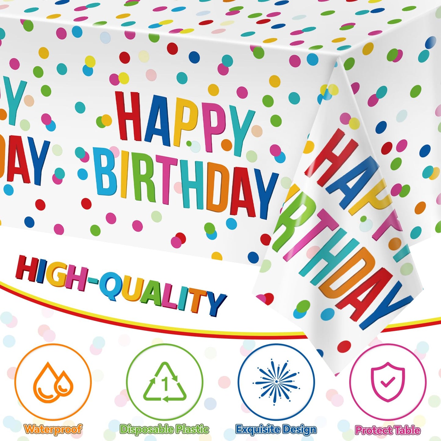 Miucat 3Pcs Birthday Tablecloth, Happy Birthday Decorations Set, Colorful Rainbow Dots Design With Happy Birthday Tablecloth. Wa