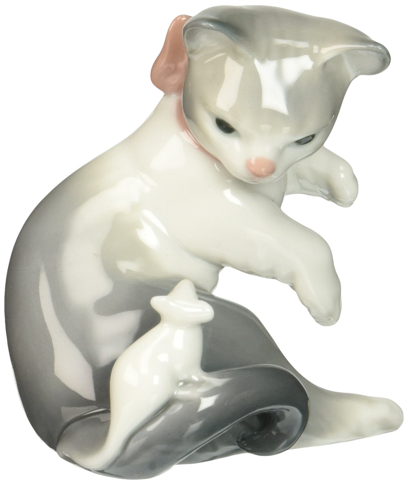 LLADR   Glossy Porcelain Figure Cat and Mouse in White and Gray. Decorative Kitten Porcelain Figurine.
