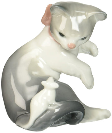 LLADR   Glossy Porcelain Figure Cat and Mouse in White and Gray. Decorative Kitten Porcelain Figurine.