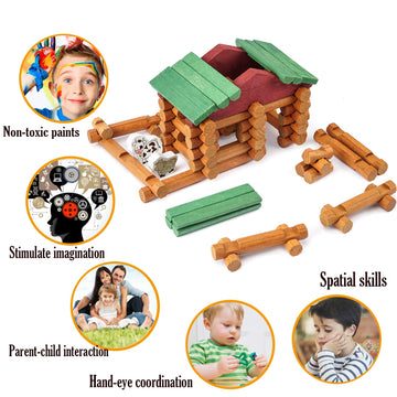 Wondertoys 170 Pieces Wood Logs Set Ages 3+, Classic Building Log Toys For Boy, Creative Construction Engineering Educational Gifts