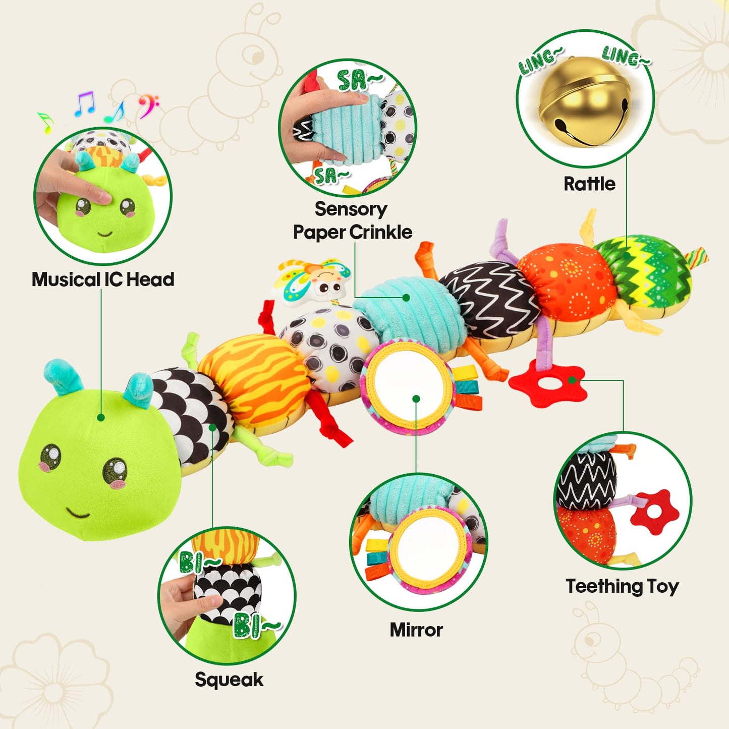 Baby Toys Musical Caterpillar for 0-12 Months  Infant Stuffed Animal with Mirror  Crinkle & Rattle  Tummy Time Toy for Newborn 3 6 9 12 18 Months  Baby Shower Gifts for Boys and Girls