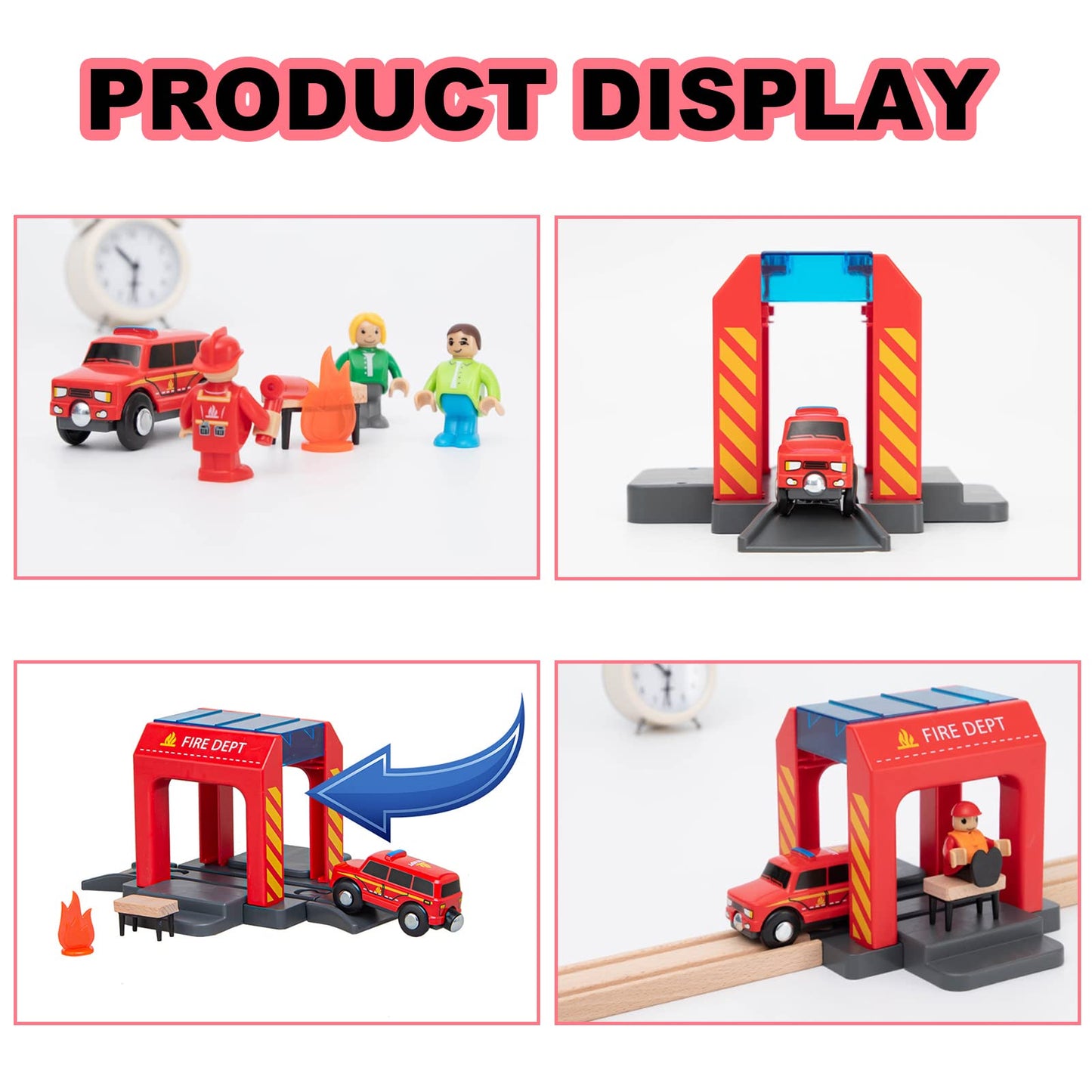 Fire Station Playset Toy For Wooden Train Track,Creative City Firestation Shed Railway Accessories Preschool Learning Educationa