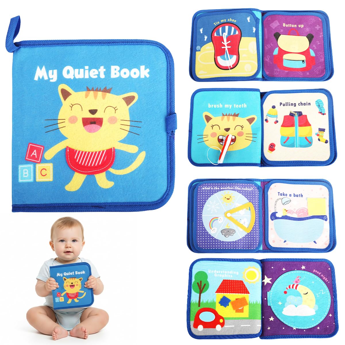 SNOWIE SOFT Cat Busy Binder Book for Toddlers 13, Montessori Toys for 1 Year Old Boy, Educational Quiet Activity Book with Know