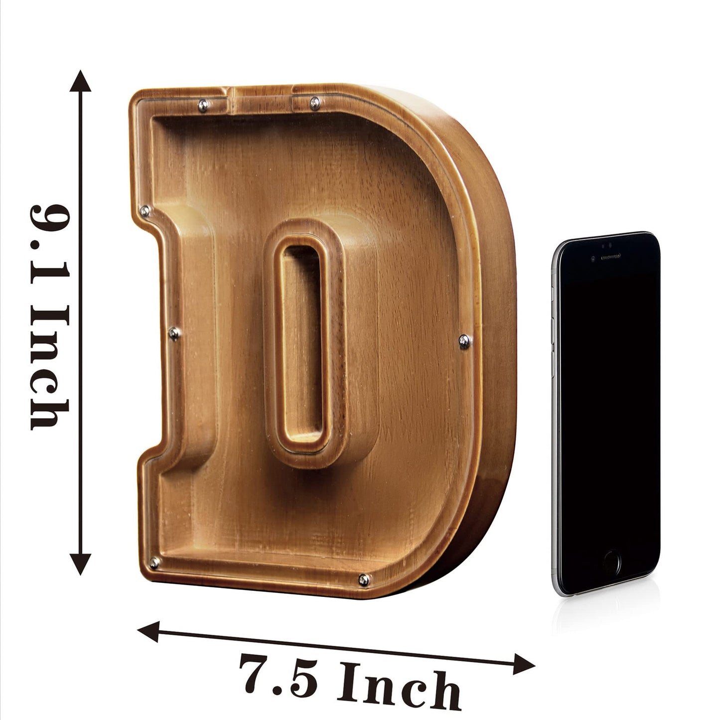 Aorcmitn Large Wooden Letter Coin Personalized Piggy Bank For Boys Girls Kids Toddler Adults Money Bank Best Gift For Friends (9.2 Inch-D)