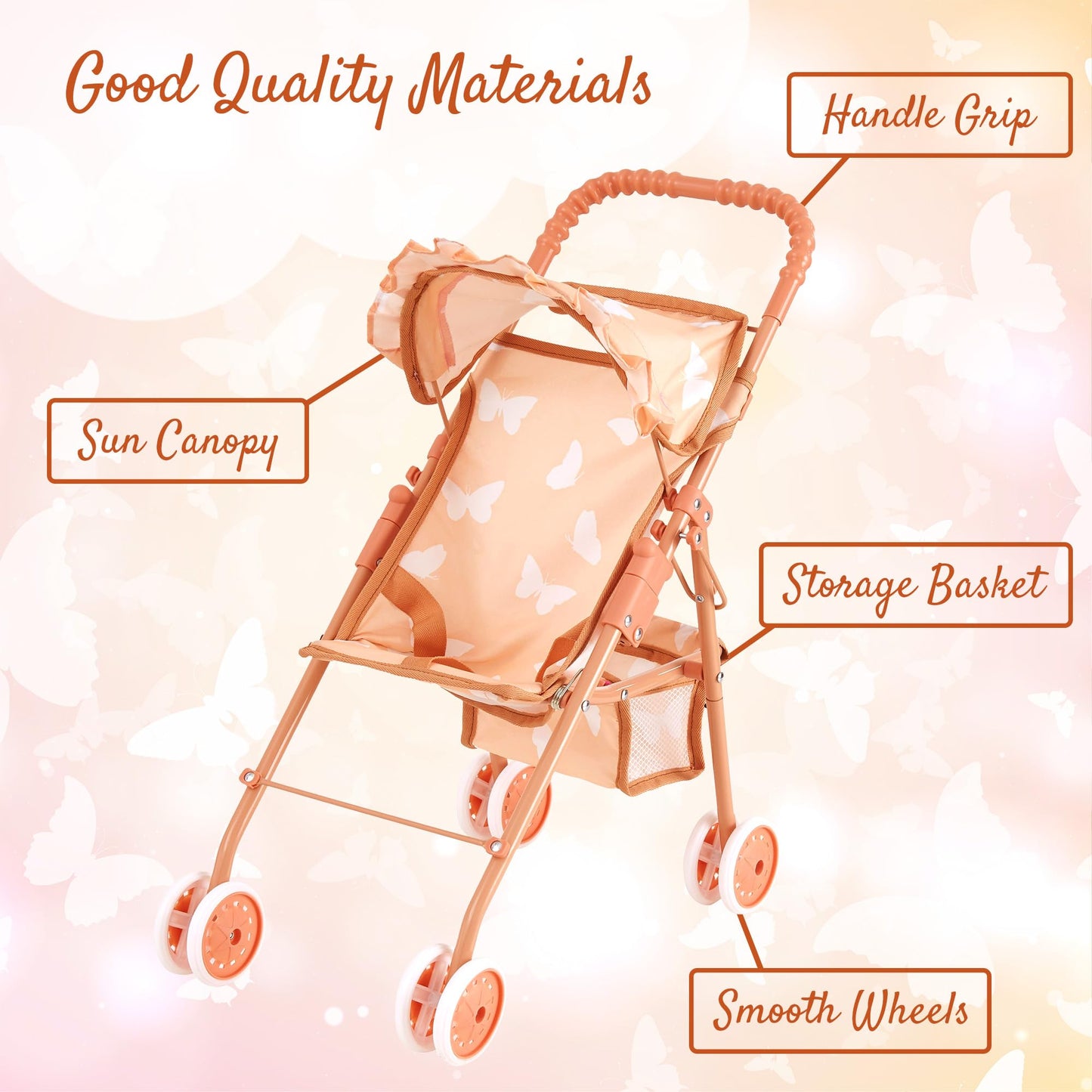 The New York Doll Collection Baby Doll Stroller for Toddlers, Foldable with Canopy, Beige Butterfly, Includes Storage Basket and Seatbelt