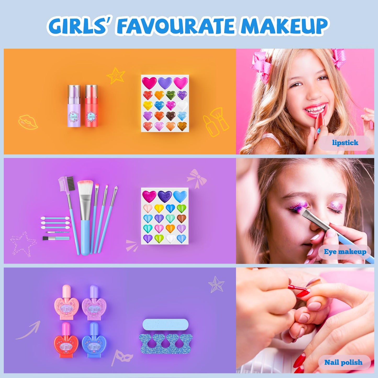 Kids Makeup Sets for Girls, 66pcs Real Cosmetic for Kids Toys with Mirror, Princess Washable Girls Makeup Kit, Non-Toxic & Safe
