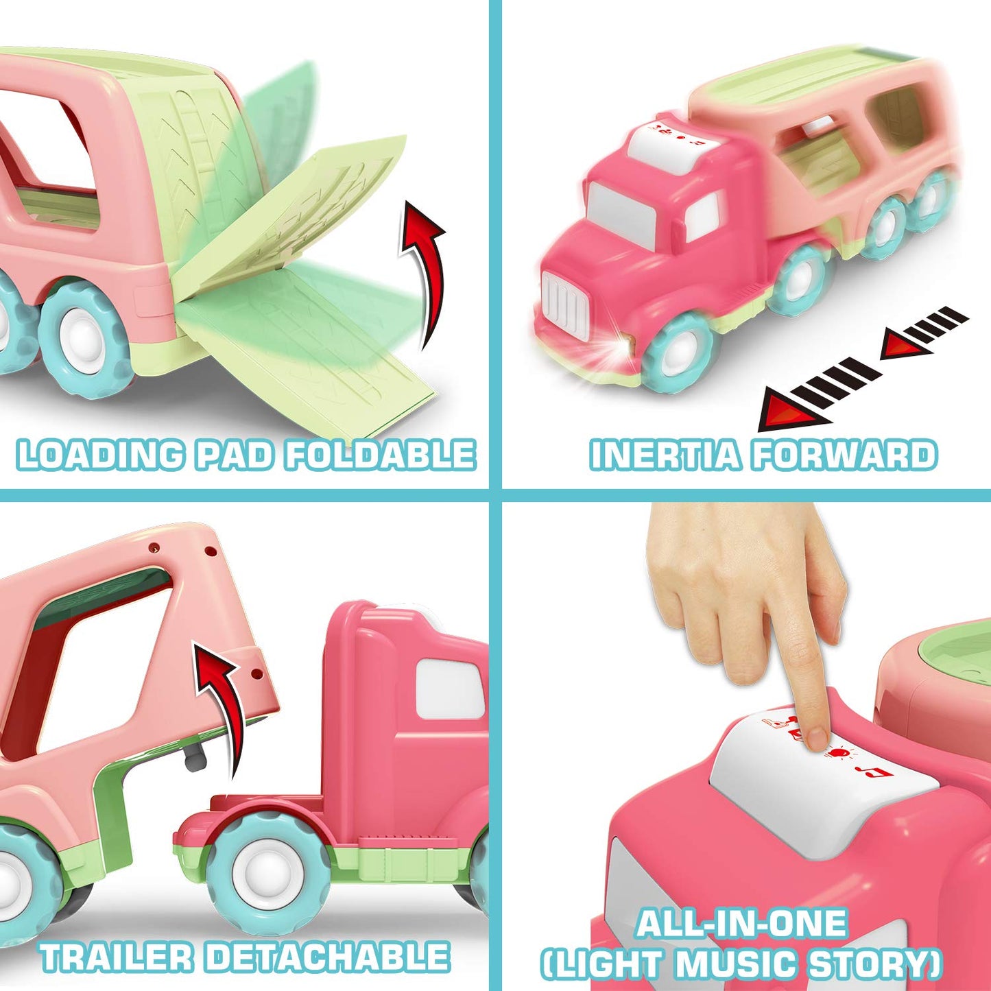 LESUTER TOYS Carrier Car Toy Set - 5 in 1 with Lights & Sounds, Pink, Friction Powered Double Layer Truck for Toddlers