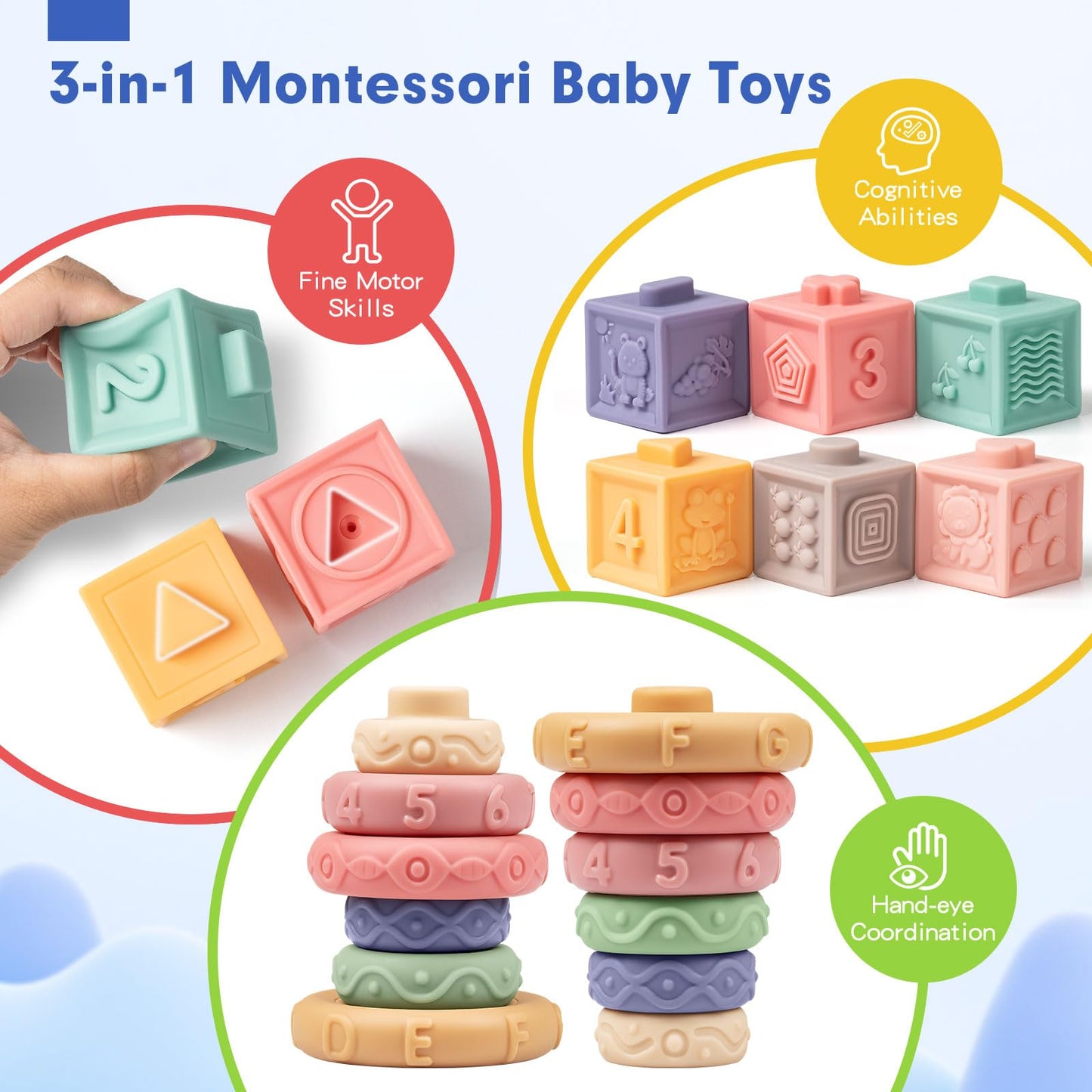 Baby Sensory Teething Toys Set, Montessori Baby Toys 6-12 Months, Incl Newborn Rattle Teether & Baby Blocks & Soft Stacking Rings, Ideal Baby Boy Girl Gifts, Infant Toys 0-3-6-9-12-18 Month