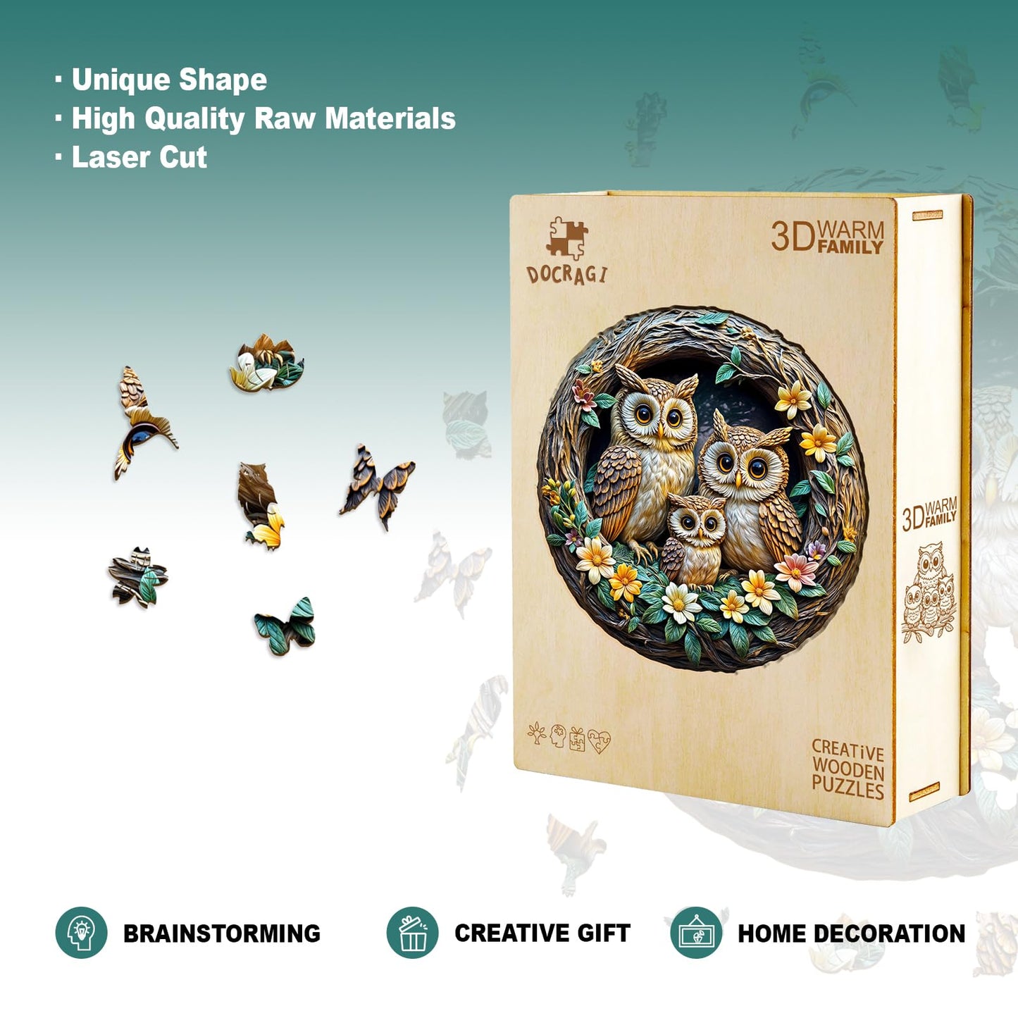 Wooden Puzzles for mature-themeds and Kids - 3D Vision Effects Owl Family Wooden Jigsaw Puzzle - Unique Animal Shaped Wood Puzzles mature-themed - Creative Birthday Gift Family Game (200pcs)