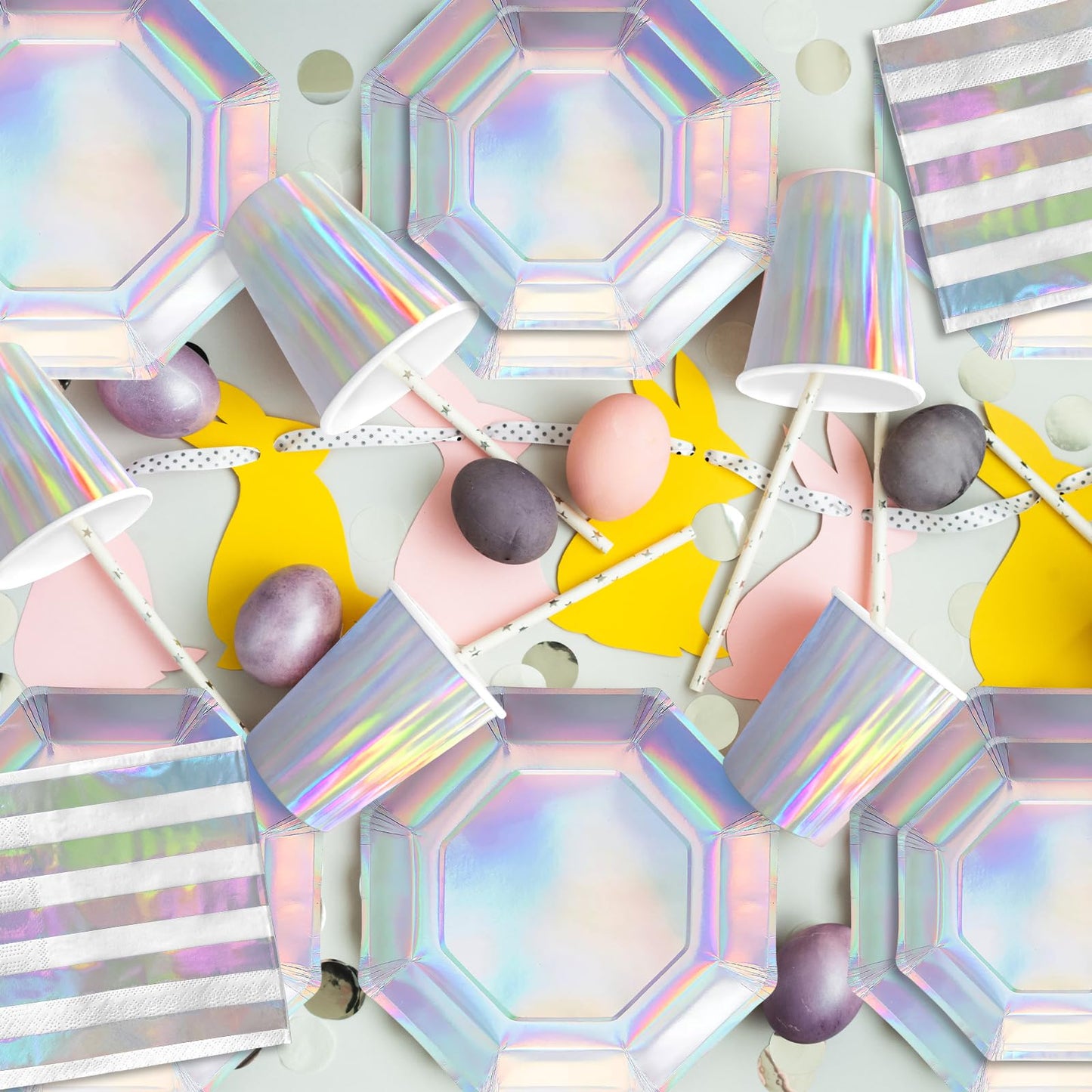 Gatherfun Iridescent Party Supplies - Disposable Paper Plates, Cups and Napkins, Ideal for Birthday, Mermaid Themed Events & Bir