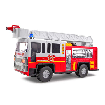 Playkidiz 15'' Fire Truck Toy for Kids with Lights and Siren Sounds, Classic Red and White Rolling Emergency Vehicle, Interactiv