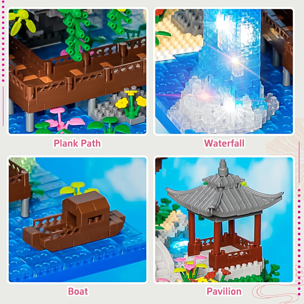 Peach Blossom Pond Building Set  3320 Pcs Architecture Building Blocks with Light Cherry Blossom Tree Building Set Tree House Building Kit for mature-themed Teens Ages 14+