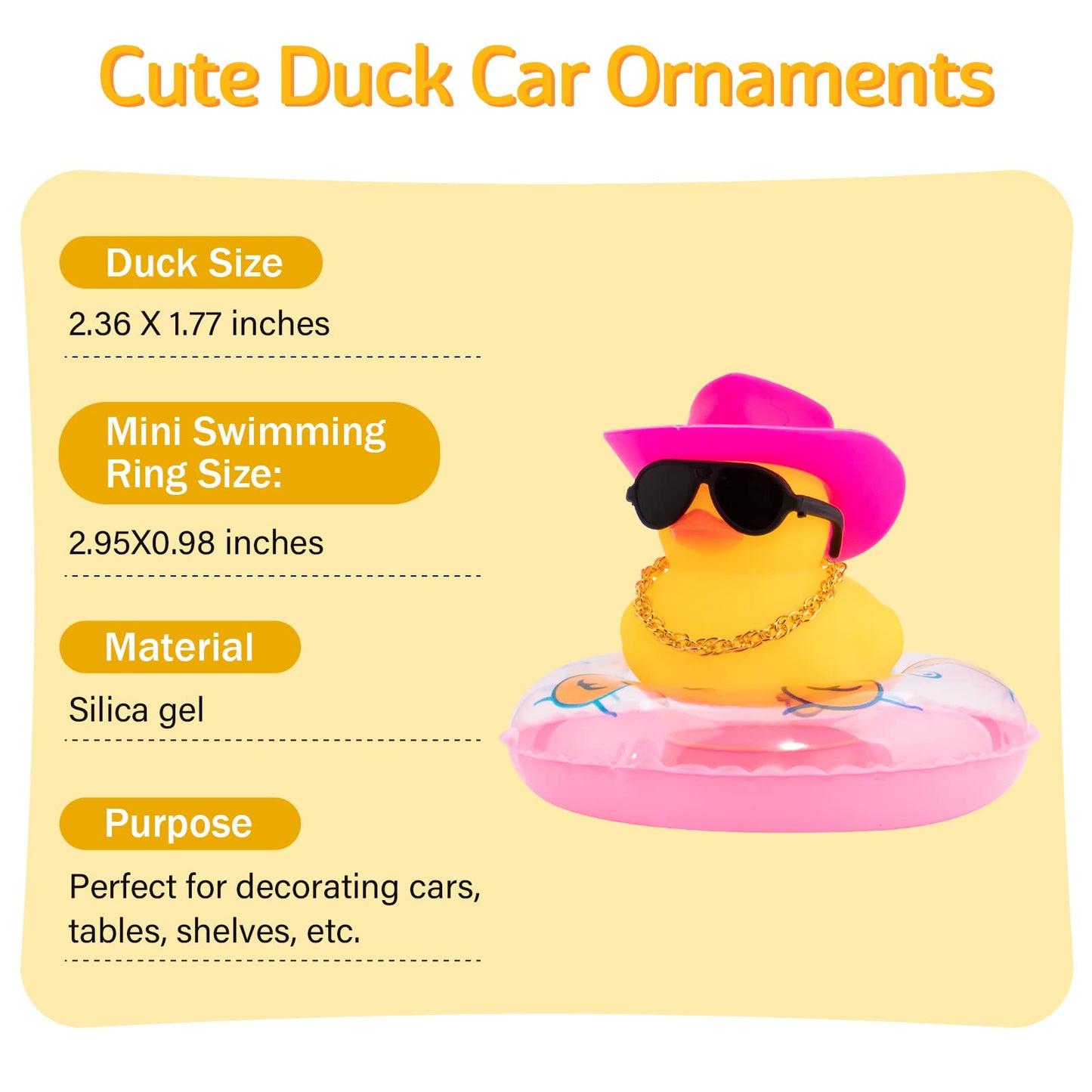 Wonuu Pink Car Accessories Rubber Duck Decoration Dashboard Car Ornament With Swim Ring Necklace Mini Cowboy Hat And Sunglasses