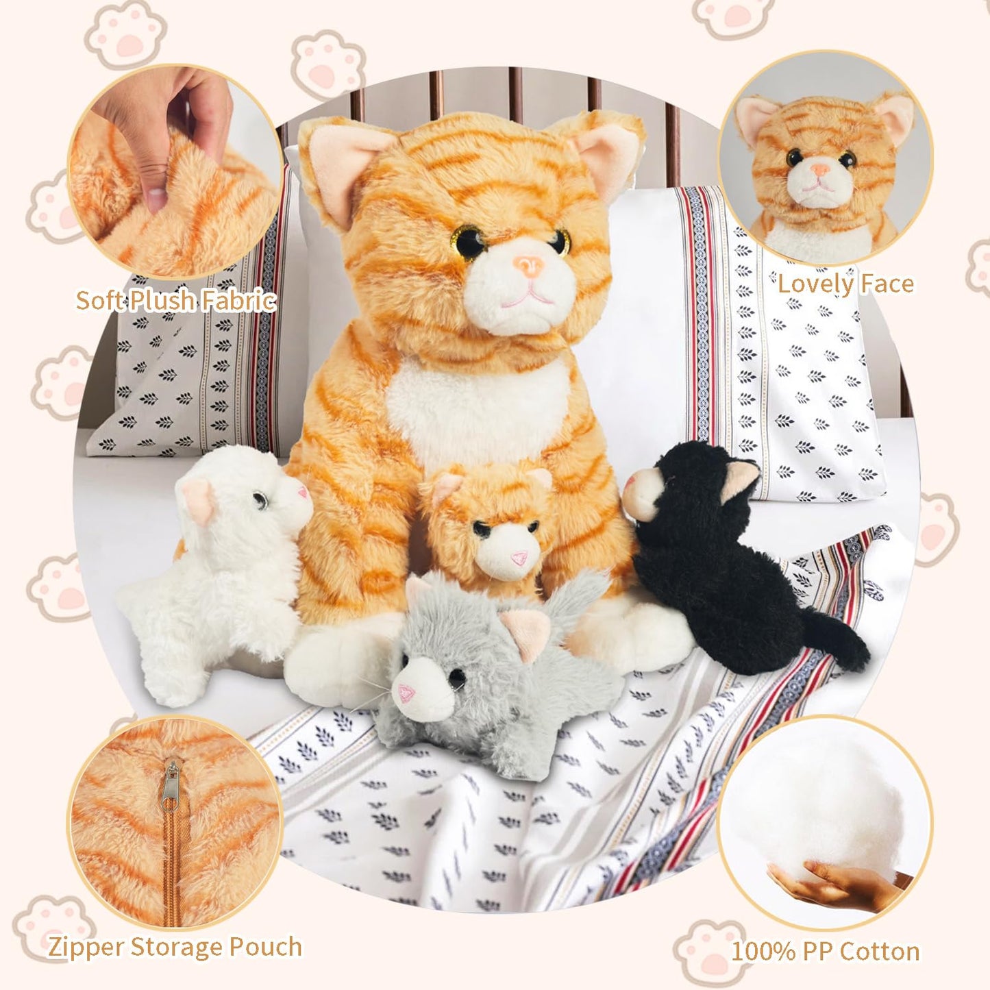 5 Pcs Cat Stuffed Animals With Babies Inside, 12 Inch Mommy Plush Cat Toy With 4 Kitten Babies In Zippered Pouch, Nurturing Mom