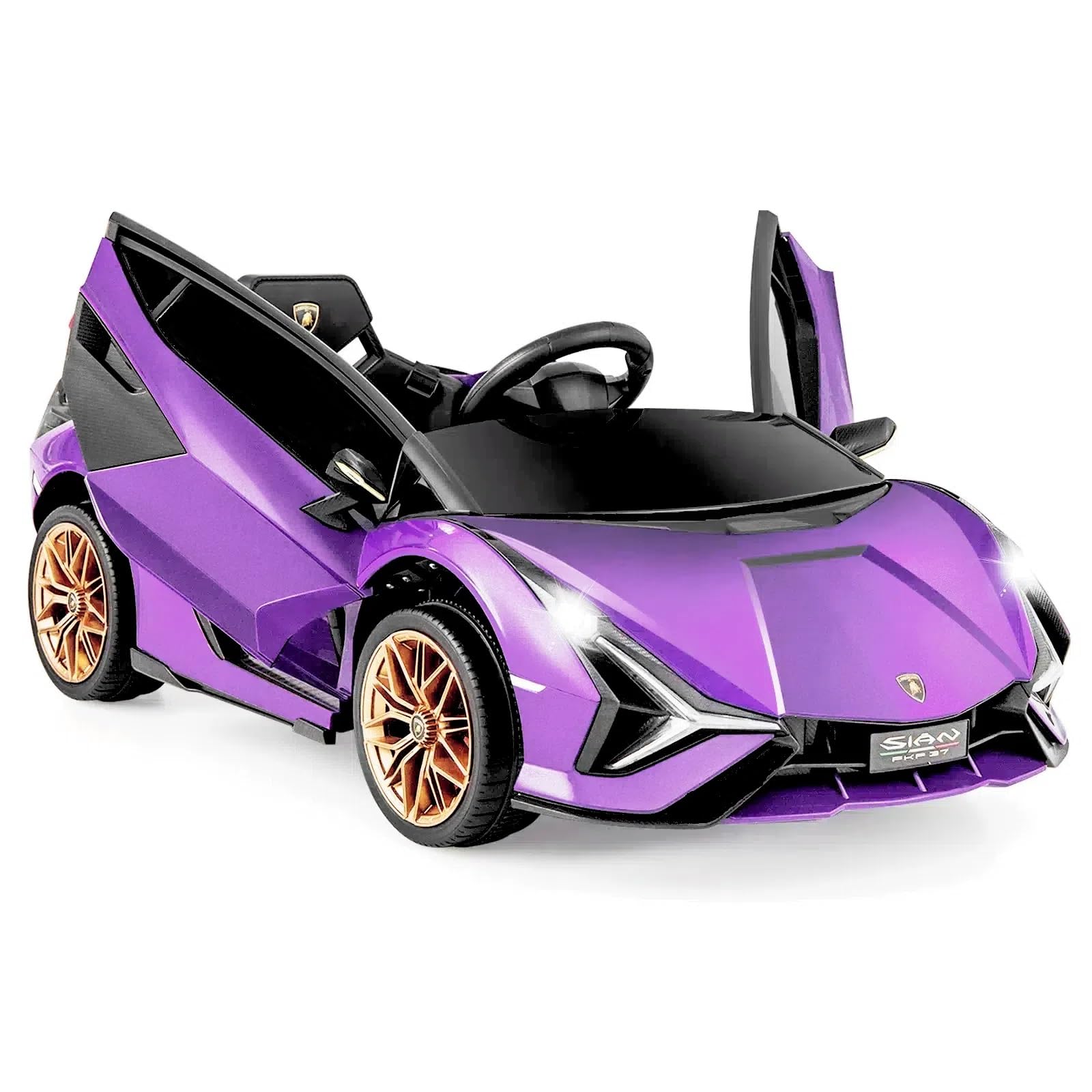 Olakids Kids 12V Licensed Lamborghini Sian Ride On Car, Electric Vehicle For Toddler With Control Remote, Battery Powered Toy With Music, Horn, 2 Speeds, Suspension, Led Lights, Bluetooth (Purple)