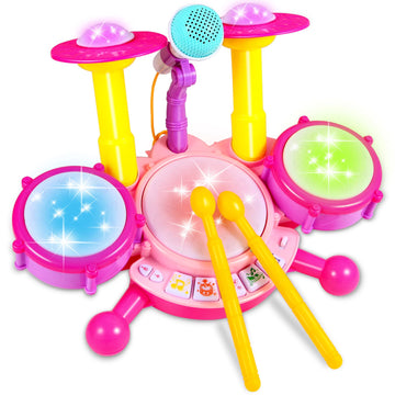 Kids Drum Set For Toddlers 1-3, Toddler Drum Set Toys For 1 + Year Old Girl With 2 Drum Sticks, Beats Flash Light And Microphone Baby Drum Set 1 Year Old Girl Gifts First Birthday Gifts For Girls 1-6