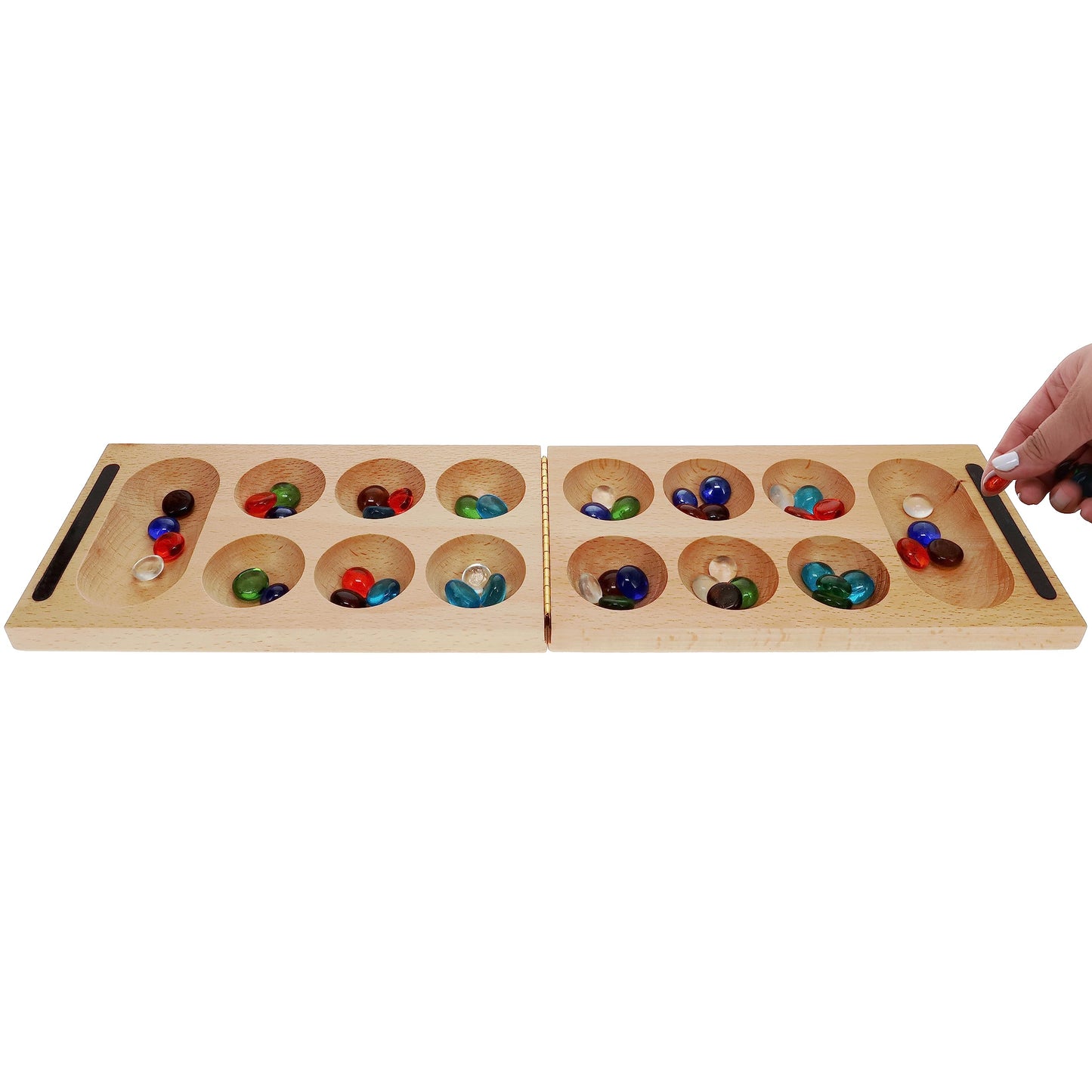 We Games Folding Mancala - Solid Wood Board & Glass Stones 18 Inches