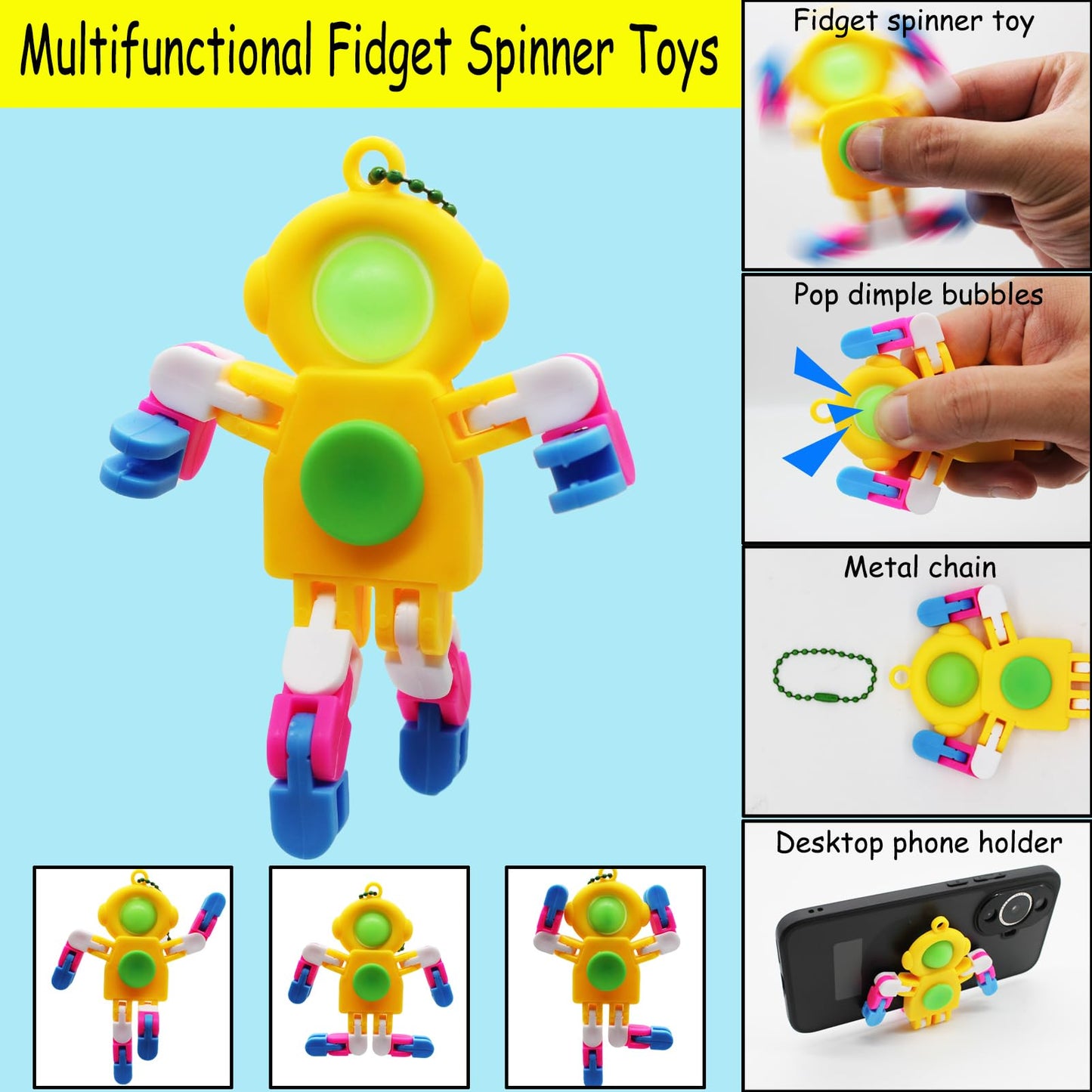 8 Pack Pop Fidget Spinner, Keychain Fidget Toys, Wacky Tracks Fidget Toys, Deformable Fidget Spinners Robot Fingertip Toy for Go