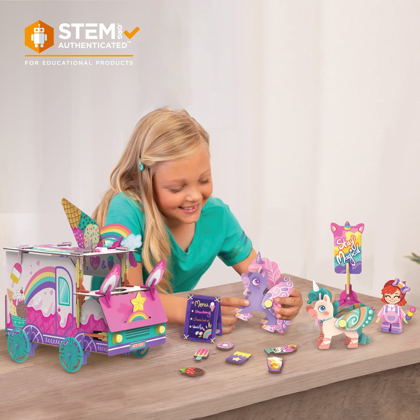 PINXIES Unicorn Ice Cream Truck Play Set | 3D Puzzle Toy for Kids | Colorful Plastic & Cardboard | STEM Toys Ages 6-7+