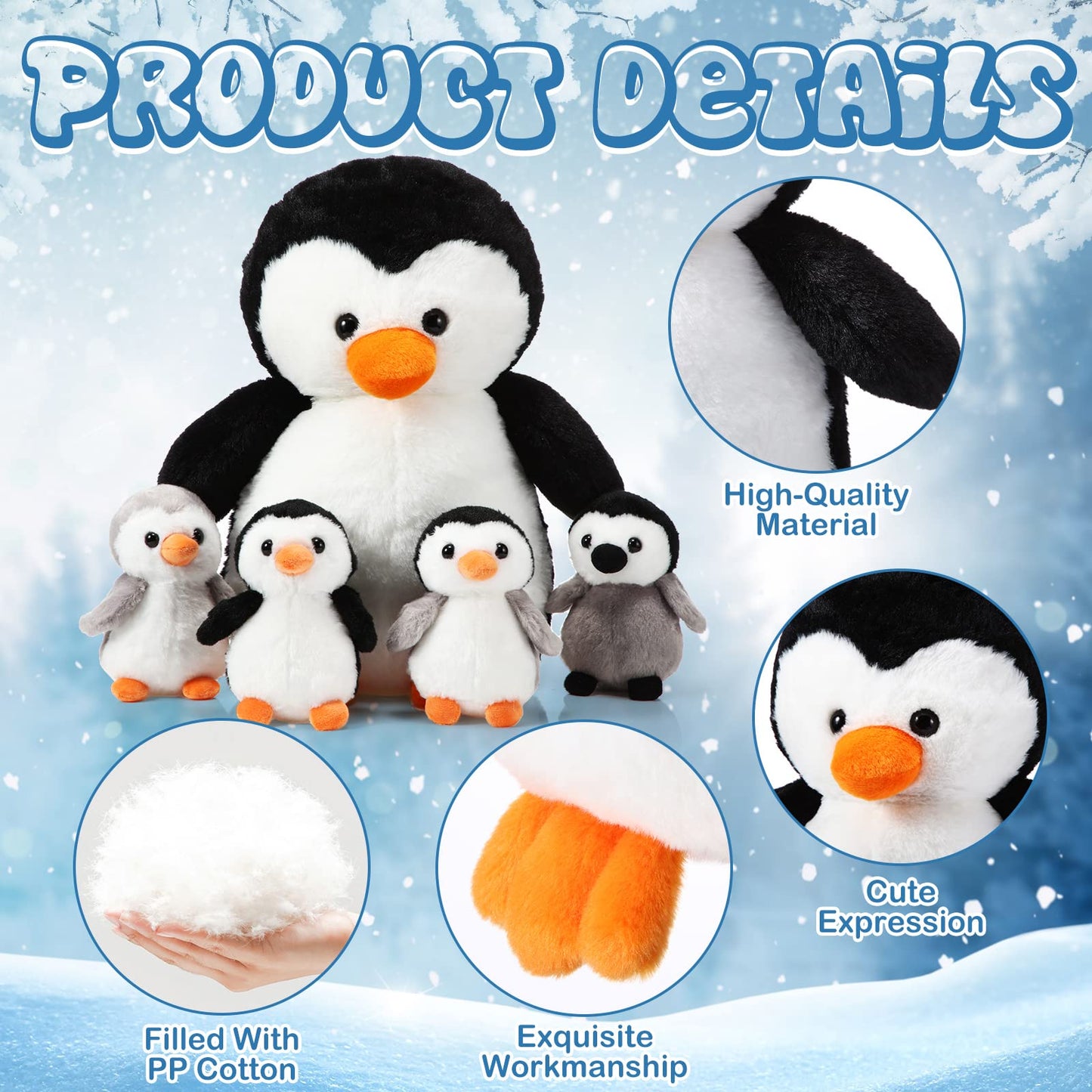 Harrycle 5 Pcs Penguin Plush Toy Set 14 Inch Mommy Penguin Stuffed Animal with 4 Cute Babies in Zippered Belly Soft Cuddly Plush