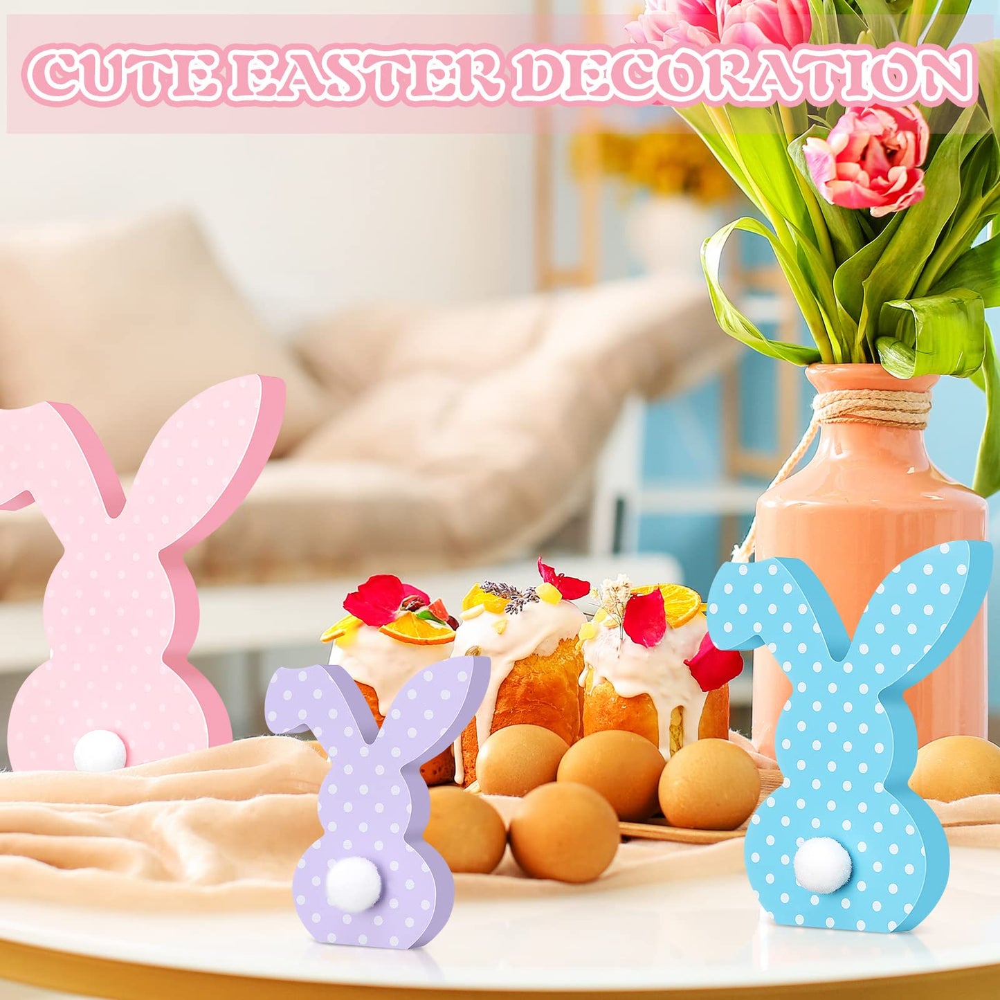 3 Pcs Easter Bunny Table Wooden Signs Decor Spring Farmhouse Wood Bunnies Cute Easter Craft Freestanding Centerpiece Signs for K