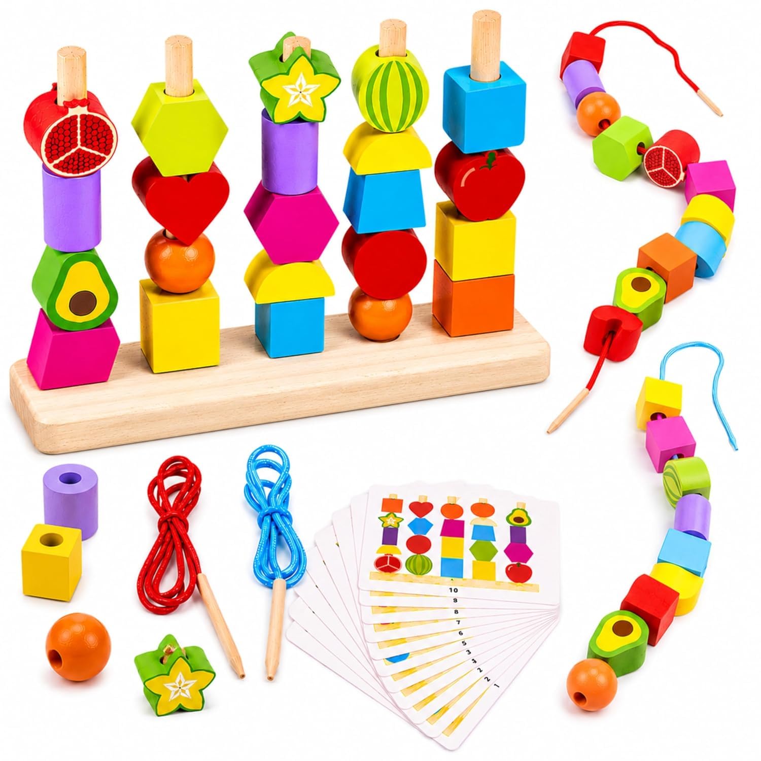 Hrjp 2 In 1 Montessori Wooden Activity Toy Set | Shape Sorting, Stacking, Lacing & Pattern Matching | 20 Educational Activities 