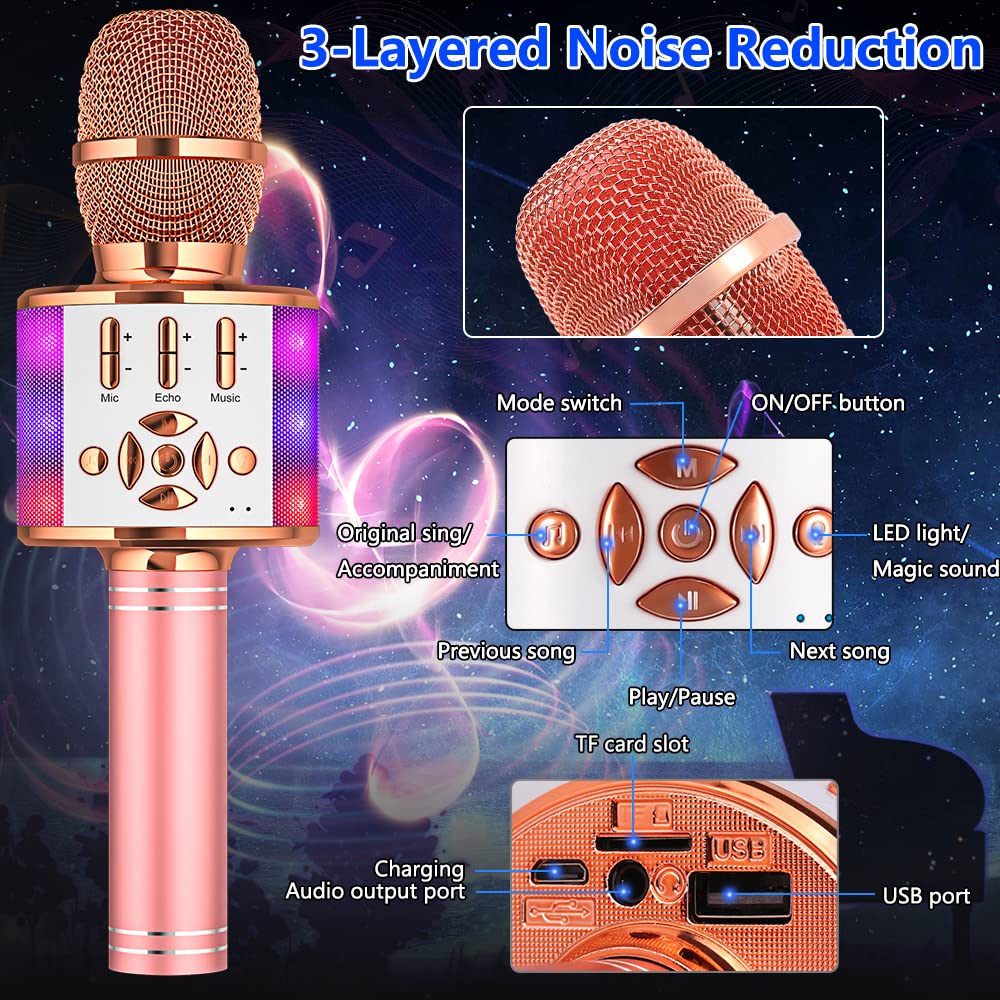 Amazmic Karaoke Microphone For Adults, Wireless Bluetooth Microphone For Singing Portable Karaoke Machine Handheld With Led Lights, Gift For Kids Adults Birthday Party, Home Ktv(Rose Gold)