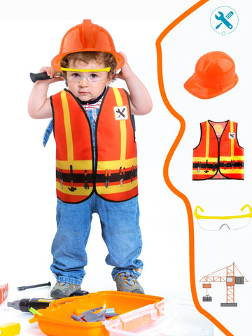 Puteraya 12 Pcs Kids Construction Worker Costume Dress Up Include Construction Vest Hard Hat Goggles For Kids Halloween (Color S