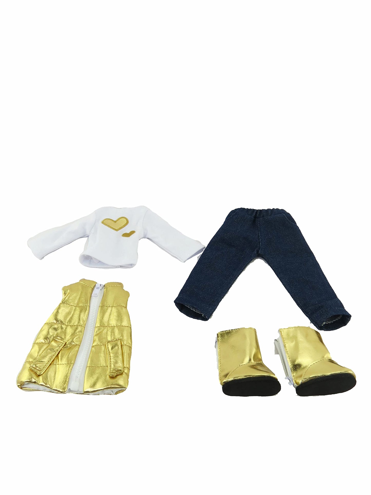American Fashion World Gold Heart Vest Outfit for 14-Inch Dolls | 4 Piece Set | enhanced Quality & Trendy Design | Dolls Clothes | Outfit Fashions for Dolls for Popular Brands