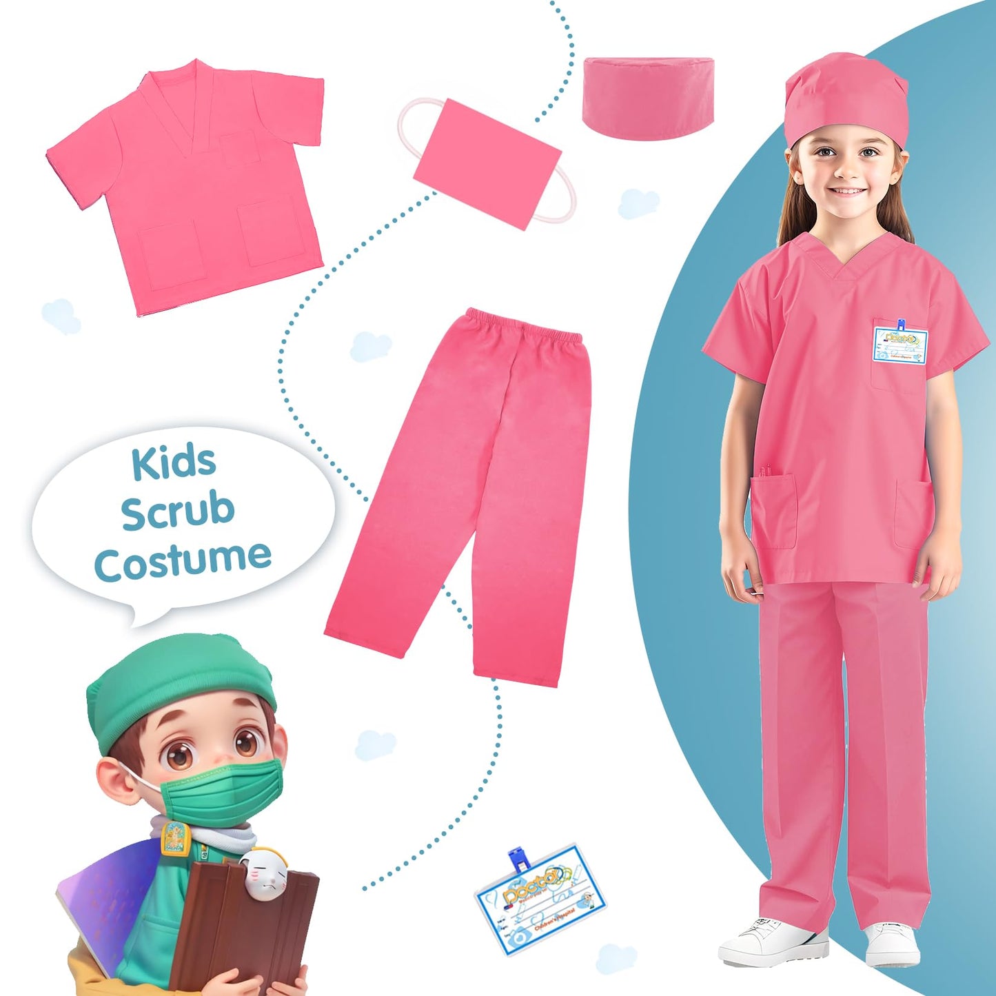 Riorand Doctor Costume For Kids,Toddler Nurse Scrubs Career Day Costume Halloween Dress Up Cosplay For Boys Girls 3-11 Years (Pi
