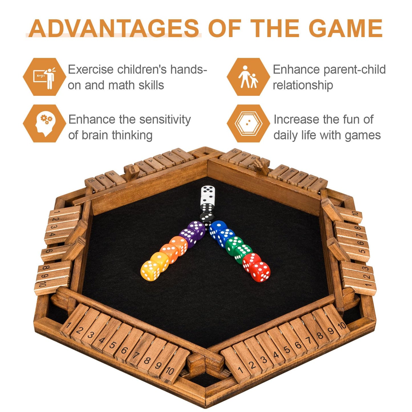 BIVOMON Shut The Box Dice Game for 1-6 Players, Wooden Table Math Game, Medium Size, Ideal for Family Fun and Parties