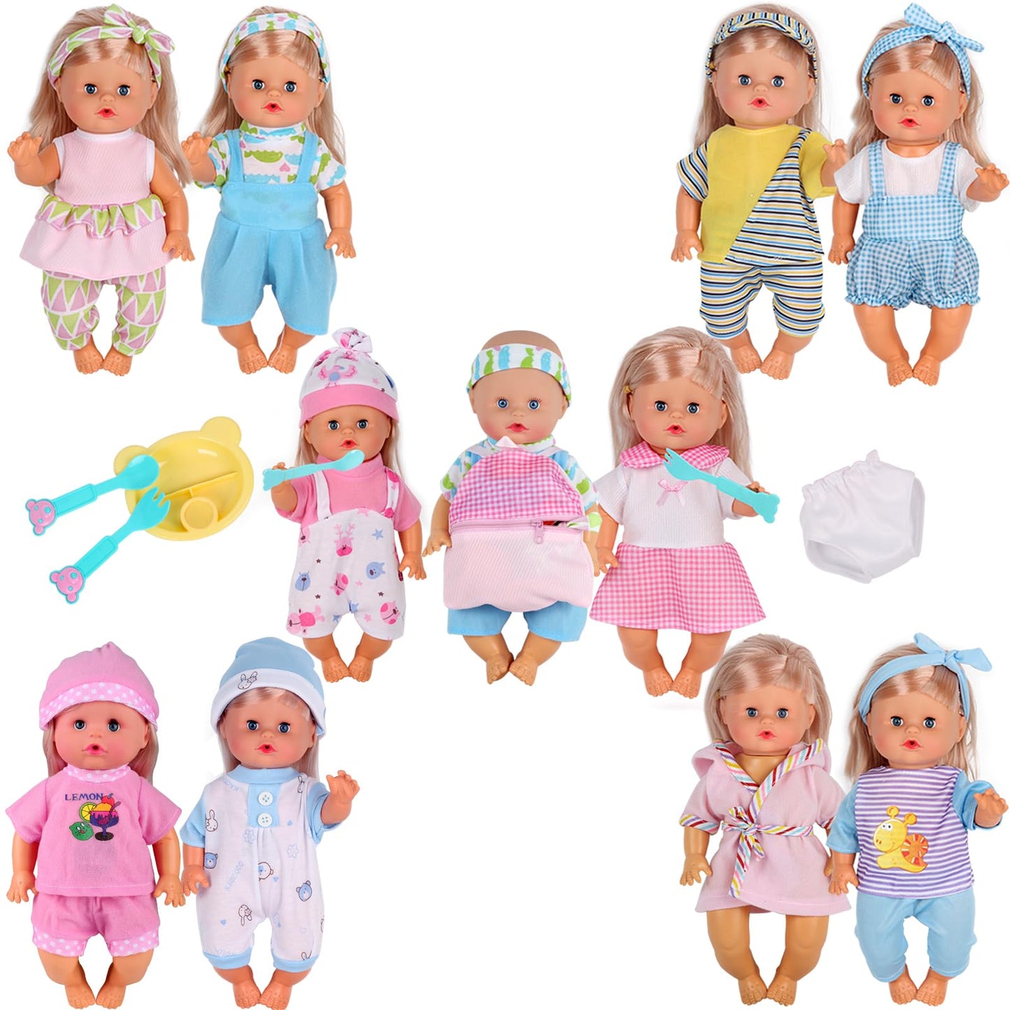 10 Sets For 10-11-12 Inch Baby Doll Clothes Dress Newborn Baby Doll Accessories Gown Costumes Outfits With Schoolbag Kitchen Toy Xmas Present (For 10-12'' Doll)