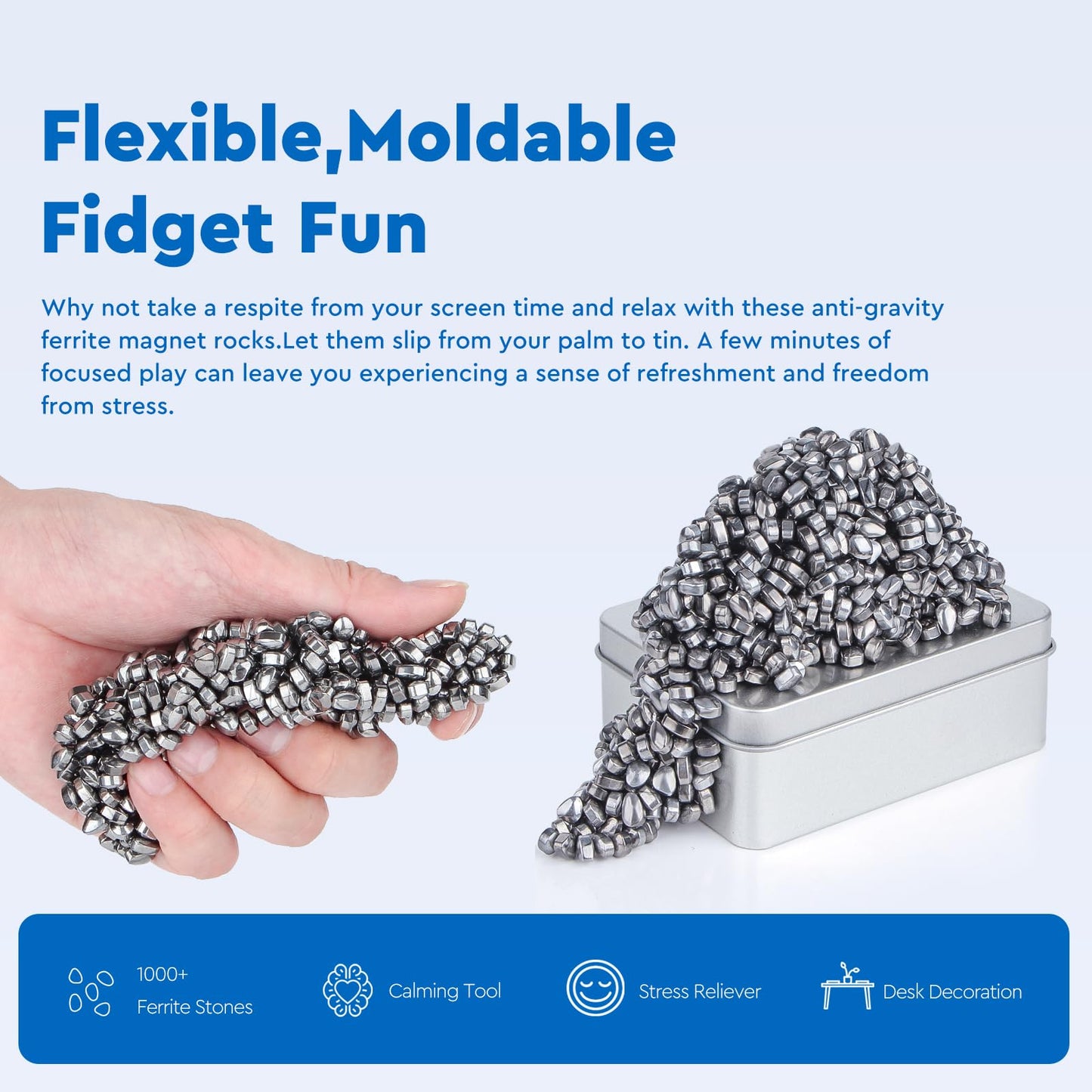 Dyrdm Fidget Ferrite Putty,Silver Over 1000 Smooth Ferrite Stones,Satisfying Irregular Ferrite Rocks, Fidget Gift Desk Toys For