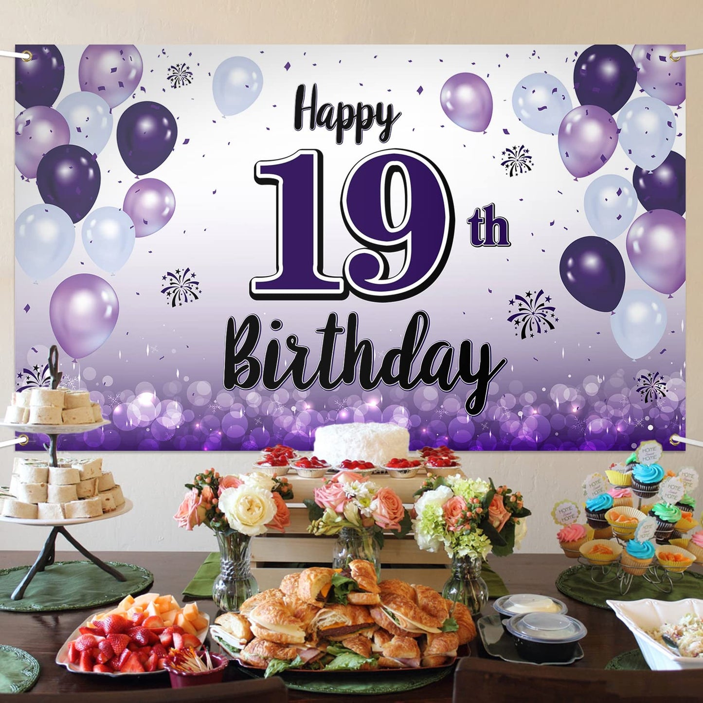 LASKYER 19th Birthday Decorations - Purple Balloon Banner Backdrop, Polyester Sign for Nineteen Years Old Bday Party Supplies