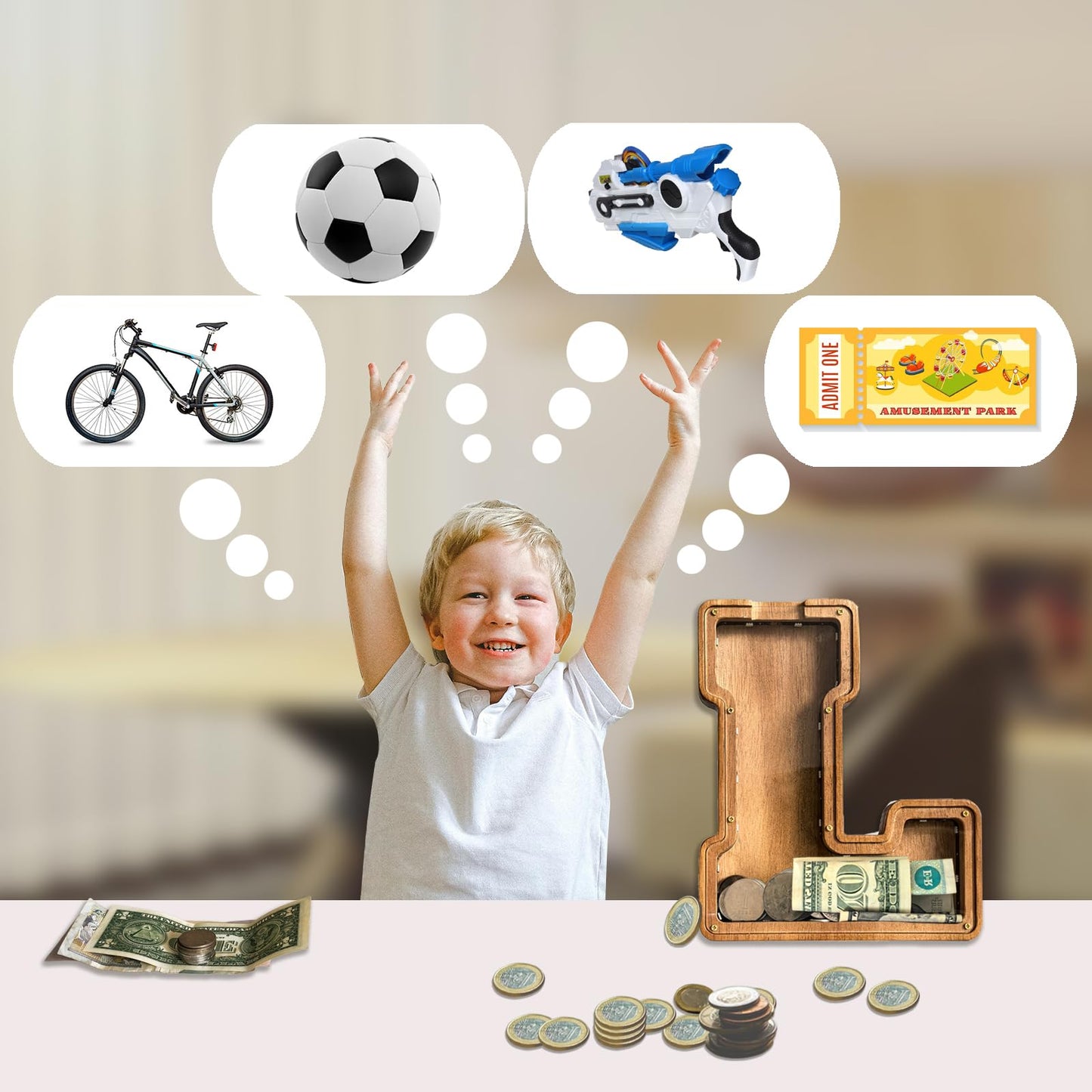 Wooden Letter Piggy Bank for Kids,9inch Kids Money Bank with LED Lights, Alphabet Coin Jar(A-Z), Birthday Gift for Kids, Toys fo