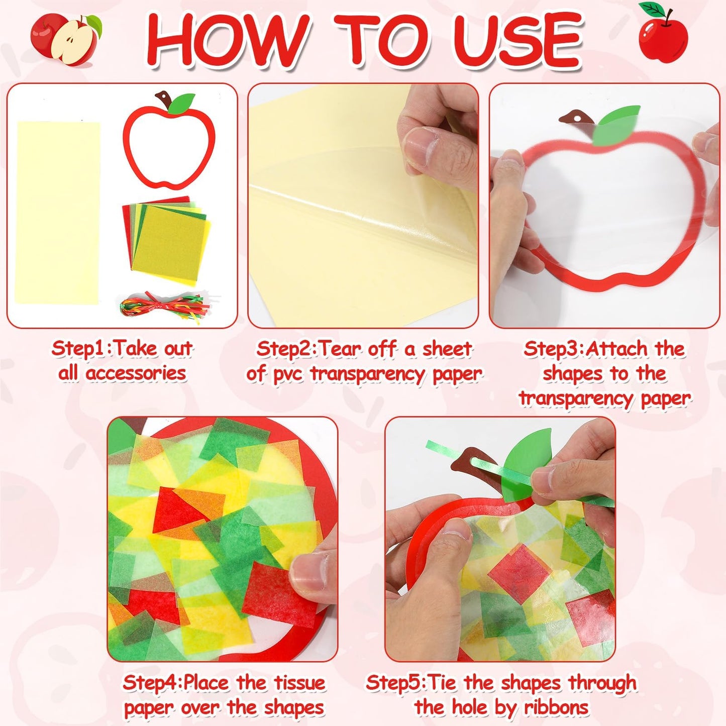 Qyeahkj 36 Set Thanksgiving Apple Suncatchers Crafts for Kids DIY Autumn Window Tissue Paper Craft Kit Hanging Decor for Classro