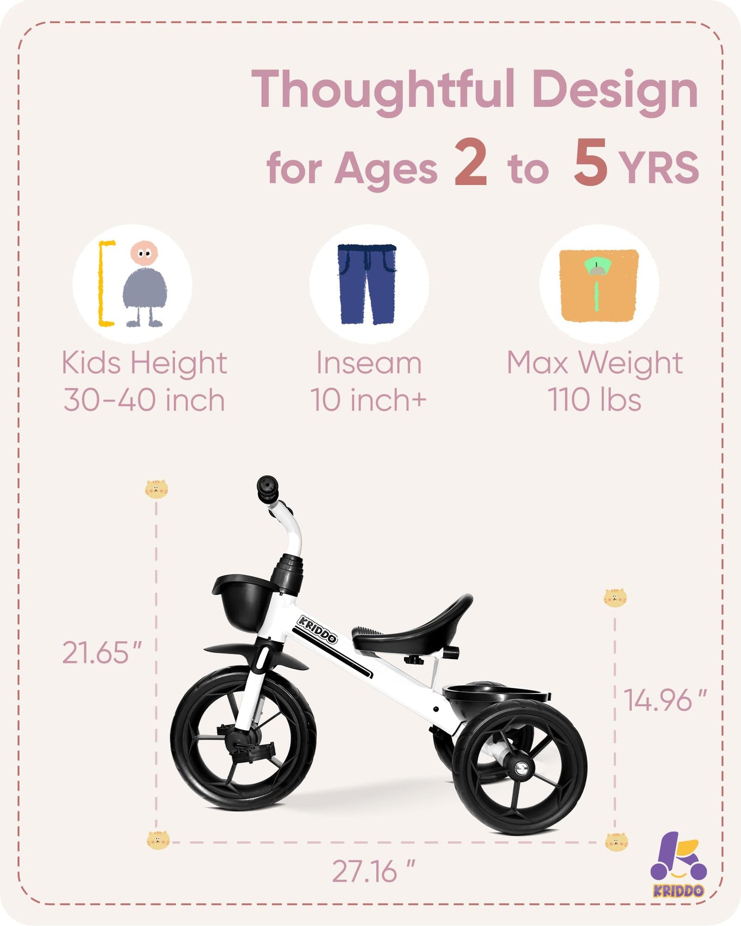 KRIDDO Kids Tricycles Age 24 Month to 4 Years, Toddler Kids Trike for 2.5 to 5 Year Old, Gift Toddler Tricycles for 2-4 Year Old